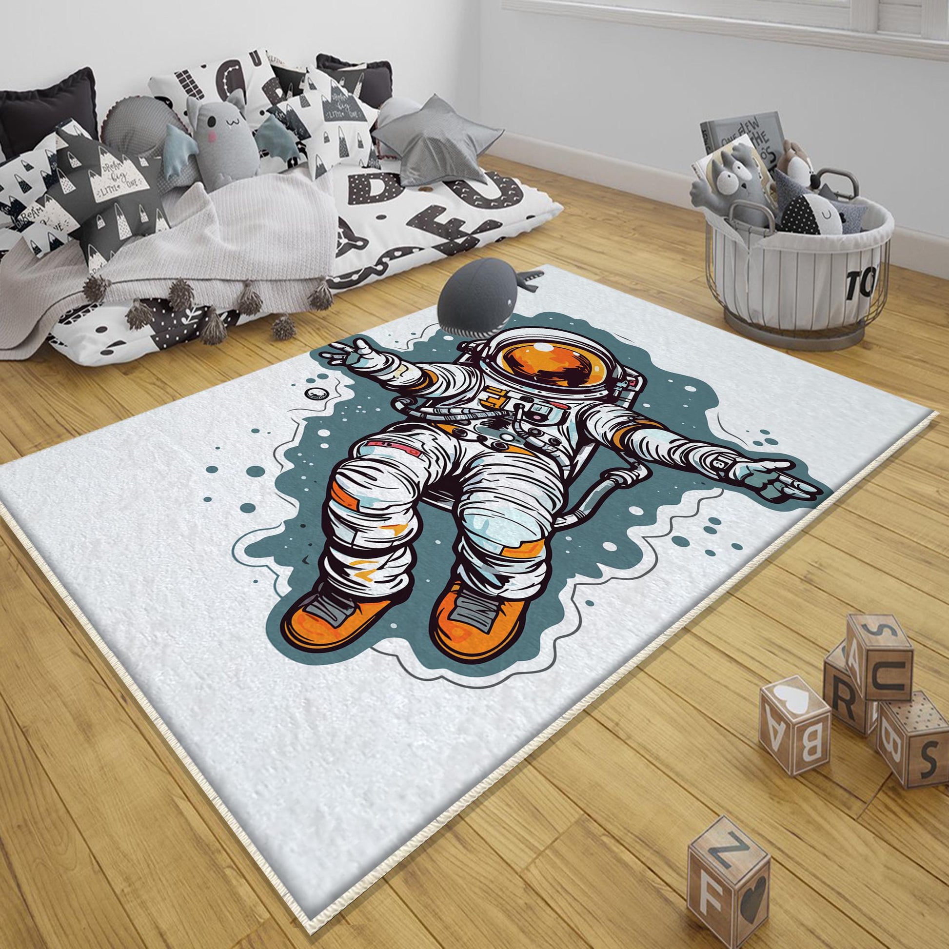 Round Space Themed Astronaut Kids Nursery Room Rug, Cute Rug Gift For Kids, Baby Room Gift, Kids Room Decor with pillow case gift