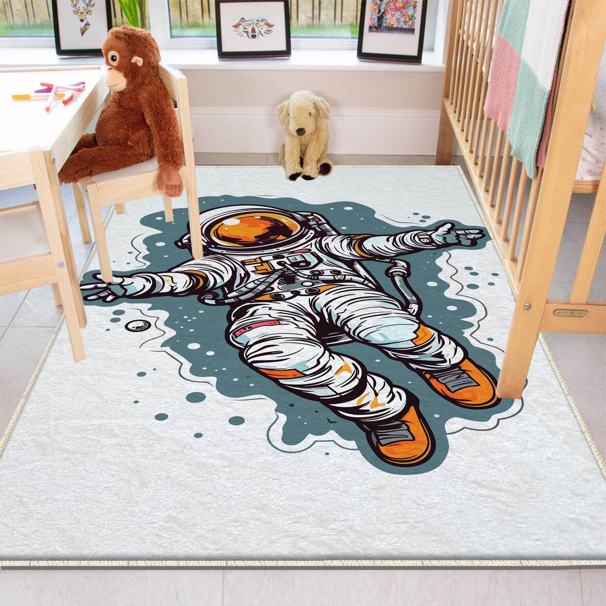 Round Space Themed Astronaut Kids Nursery Room Rug, Cute Rug Gift For Kids, Baby Room Gift, Kids Room Decor with pillow case gift