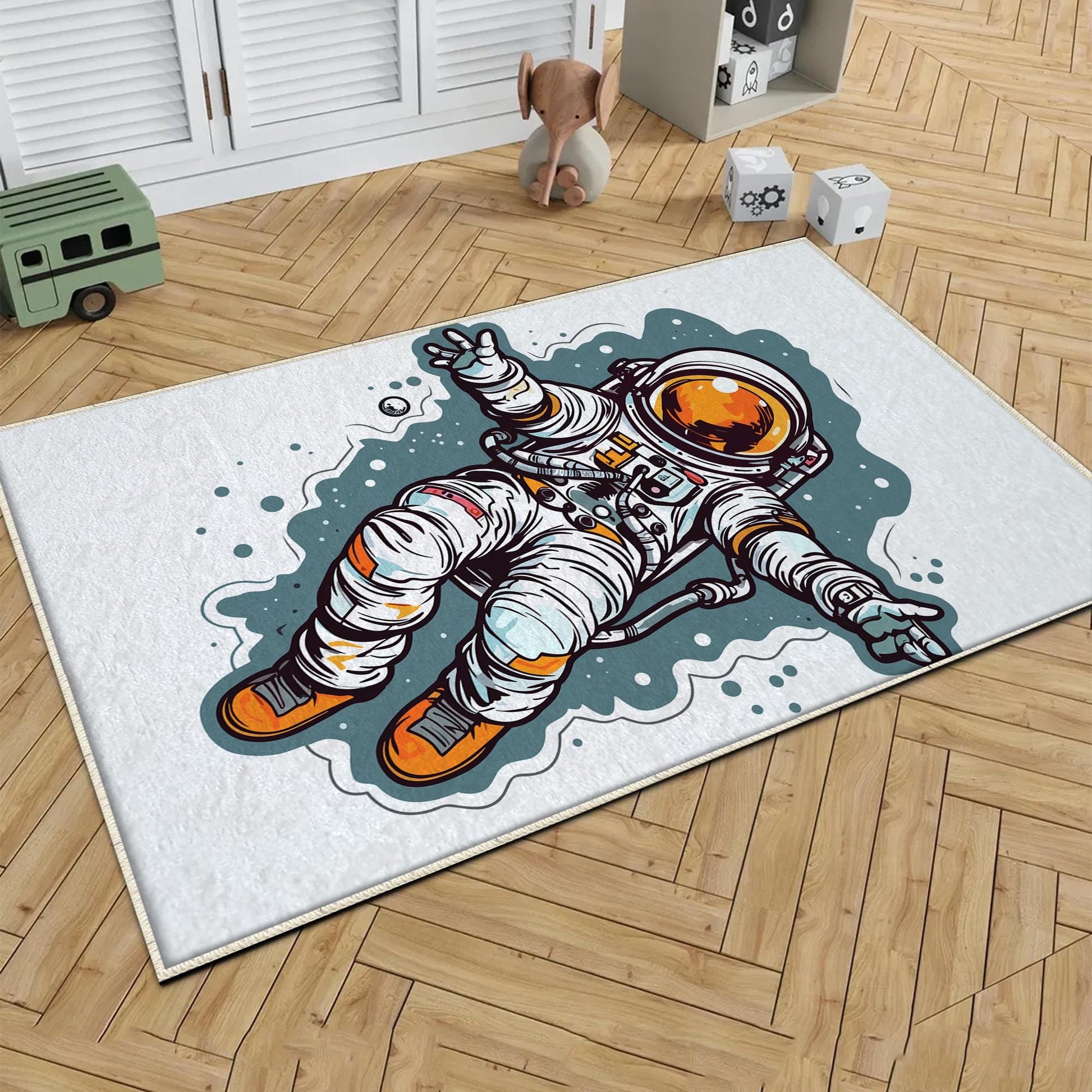 Round Space Themed Astronaut Kids Nursery Room Rug, Cute Rug Gift For Kids, Baby Room Gift, Kids Room Decor with pillow case gift