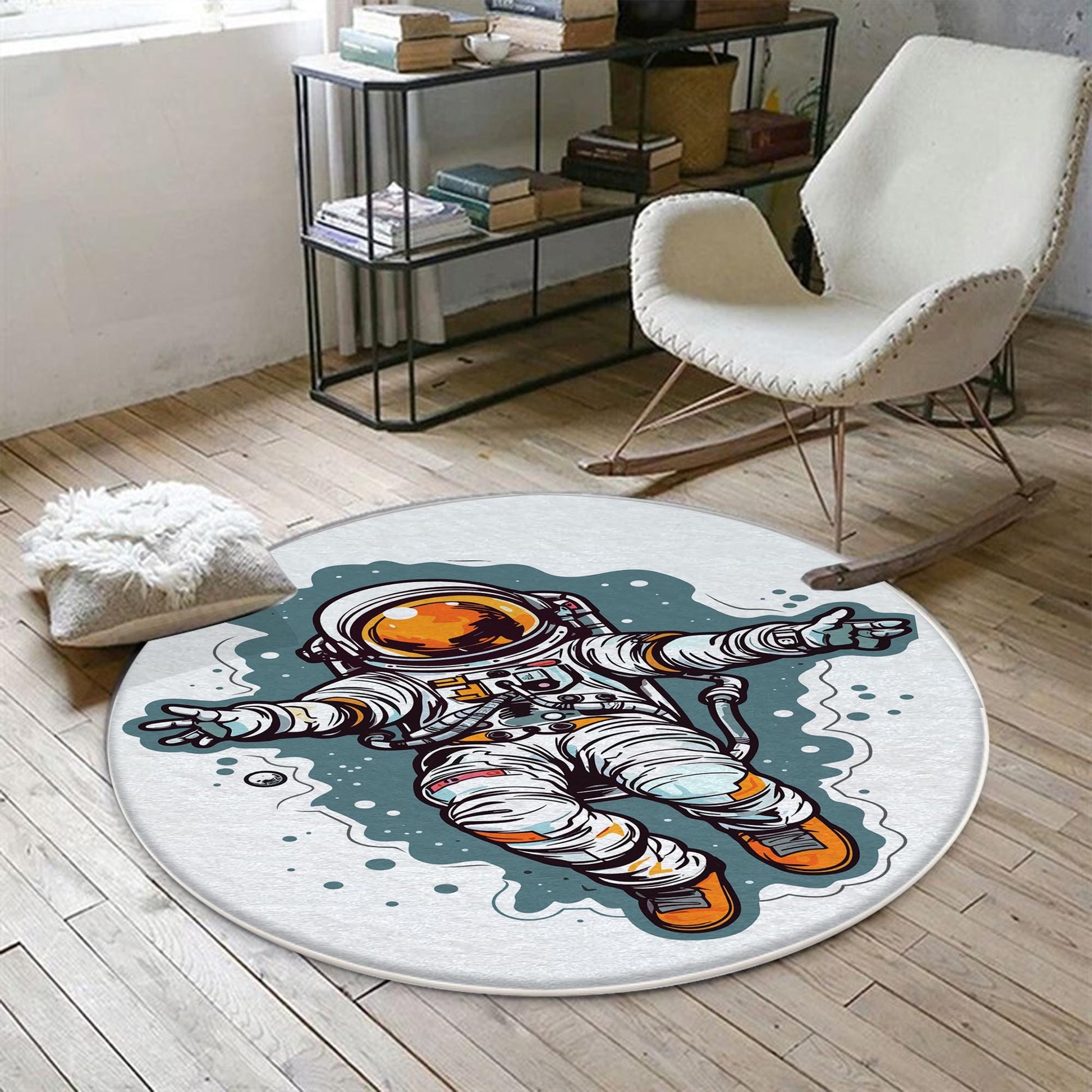 Round Space Themed Astronaut Kids Nursery Room Rug, Cute Rug Gift For Kids, Baby Room Gift, Kids Room Decor with pillow case gift