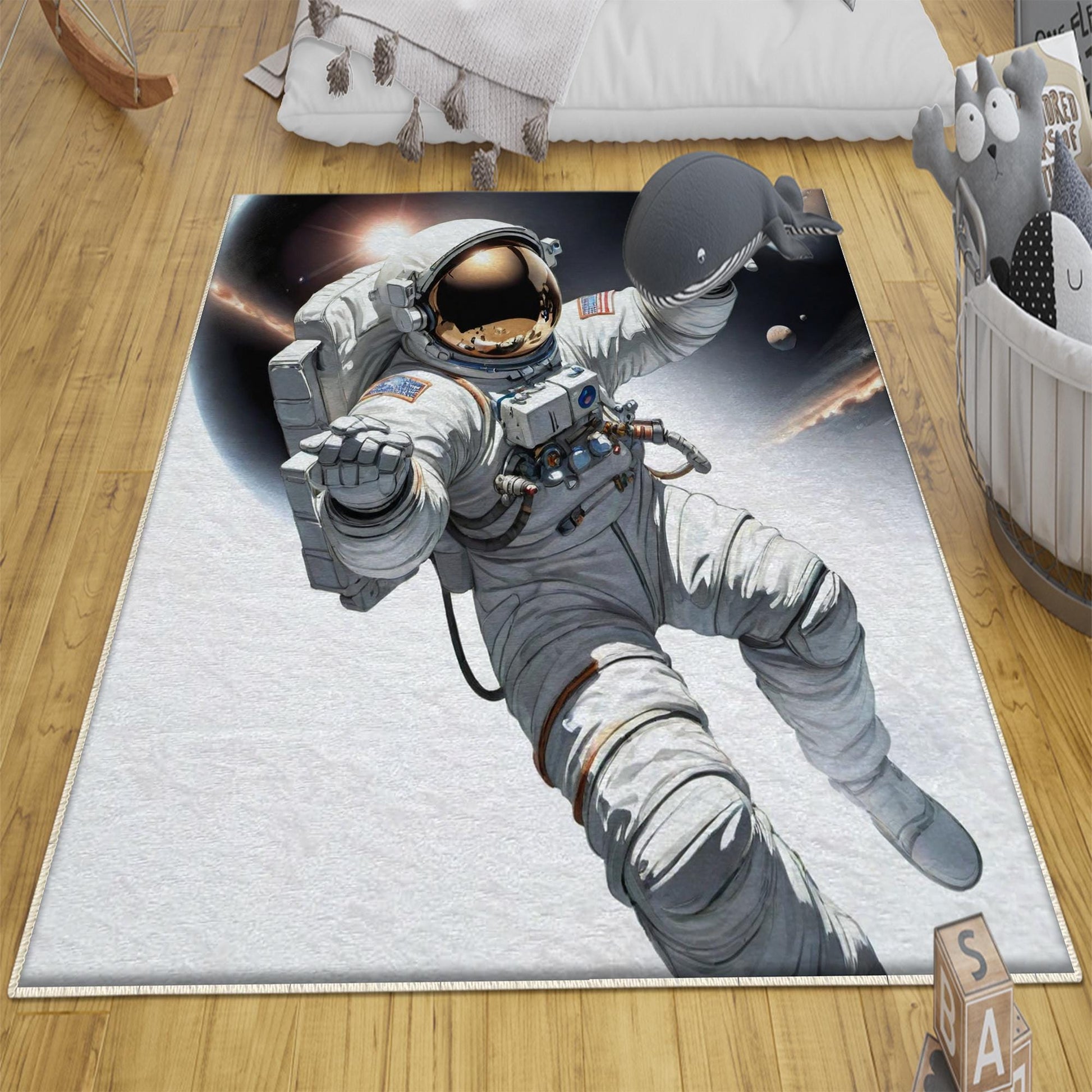 Round Space Themed Astronaut Kids Nursery Room Rug, Cute Rug Gift For Kids, Baby Room Gift, Kids Room Decor with pillow case gift
