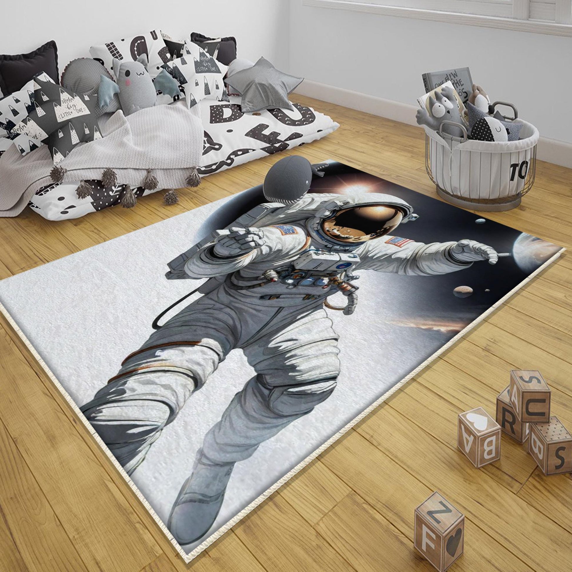 Round Space Themed Astronaut Kids Nursery Room Rug, Cute Rug Gift For Kids, Baby Room Gift, Kids Room Decor with pillow case gift