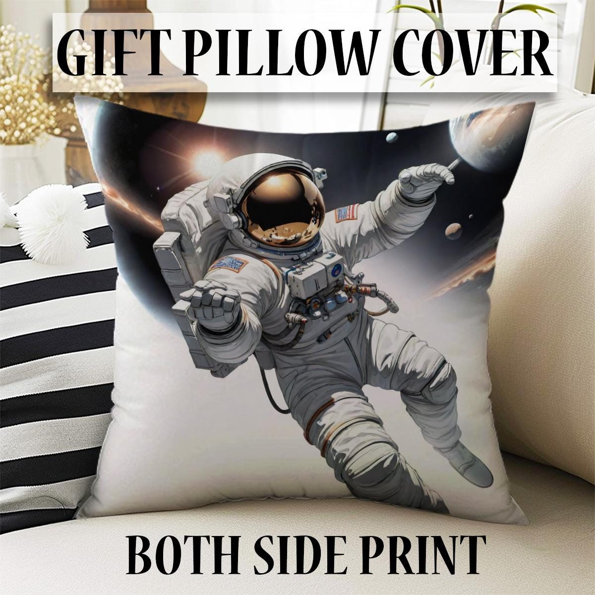 Round Space Themed Astronaut Kids Nursery Room Rug, Cute Rug Gift For Kids, Baby Room Gift, Kids Room Decor with pillow case gift