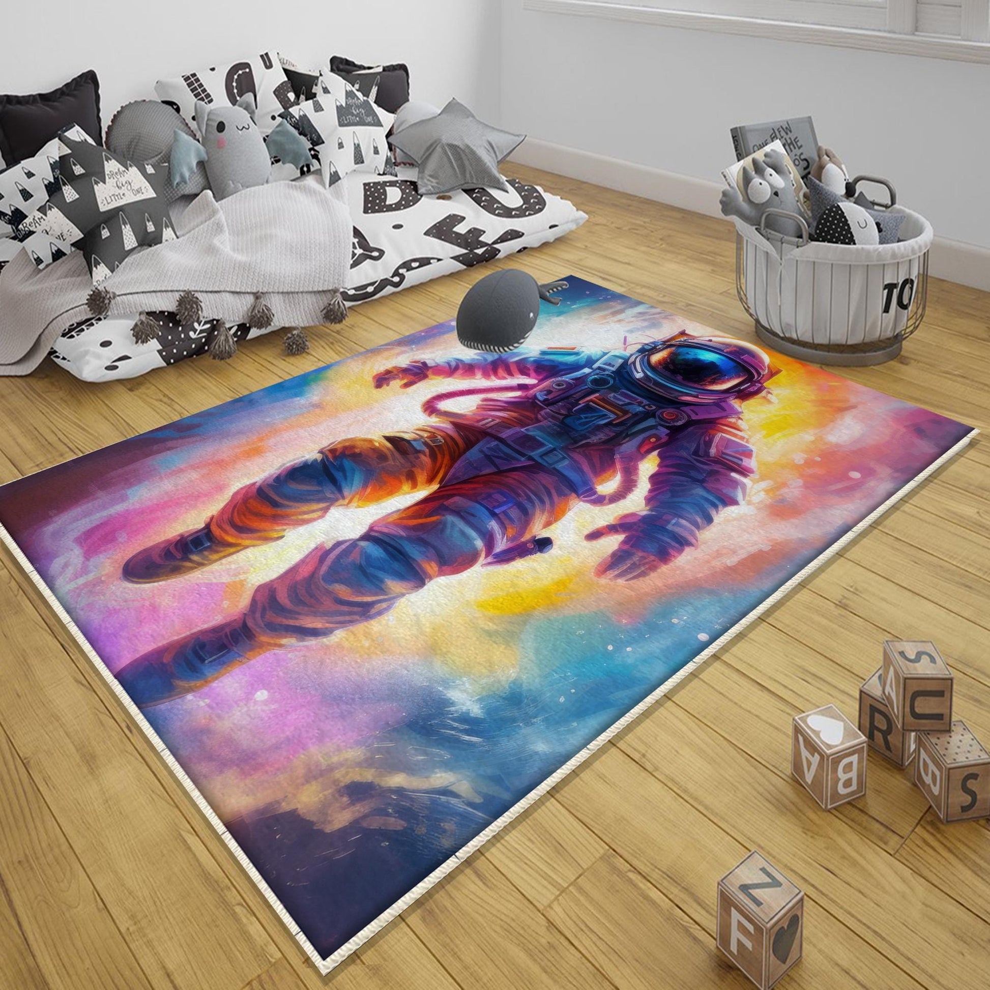 Round Colorful Space Themed Astronaut Kids Nursery Room Rug, Cute Rug Gift For Kids, Baby Room Gift, Kids Room Decor with pillow case gift
