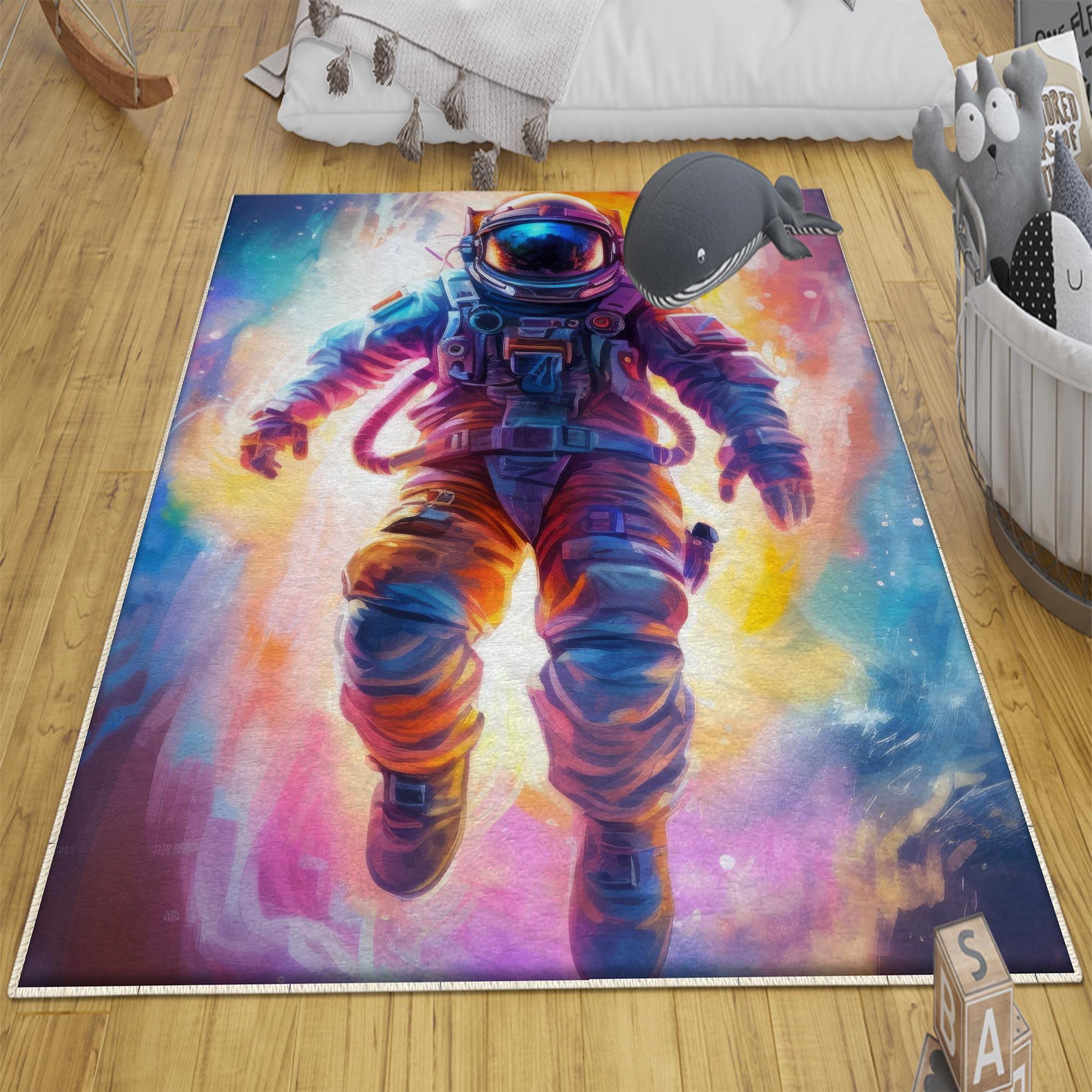 Round Colorful Space Themed Astronaut Kids Nursery Room Rug, Cute Rug Gift For Kids, Baby Room Gift, Kids Room Decor with pillow case gift