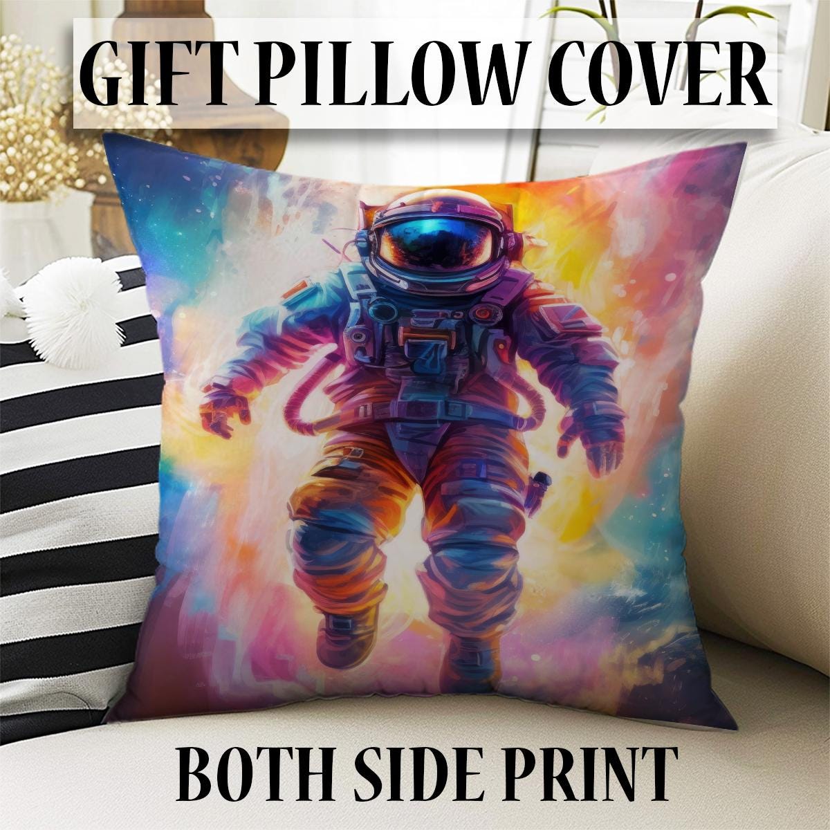 Round Colorful Space Themed Astronaut Kids Nursery Room Rug, Cute Rug Gift For Kids, Baby Room Gift, Kids Room Decor with pillow case gift