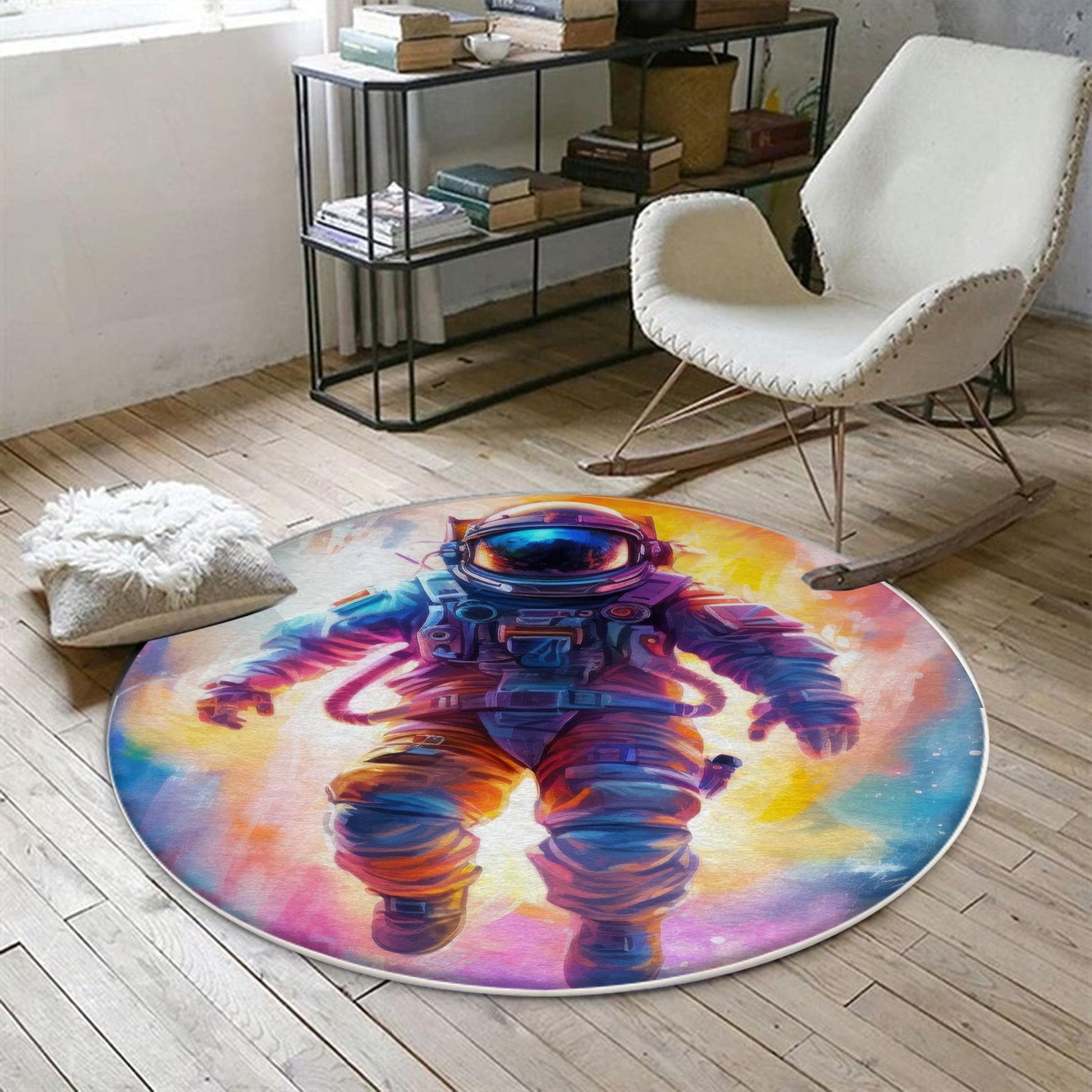 Round Colorful Space Themed Astronaut Kids Nursery Room Rug, Cute Rug Gift For Kids, Baby Room Gift, Kids Room Decor with pillow case gift