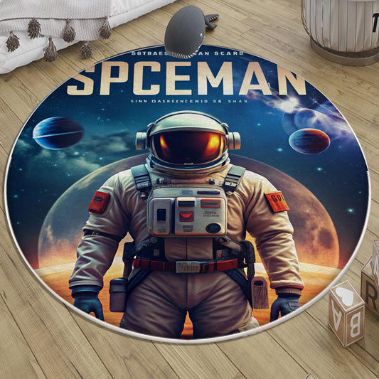 Round Space Man Themed Astronaut Kids Nursery Room Rug, Cute Rug Gift For Kids, Baby Room Gift, Kids Room Decor with pillow case gift