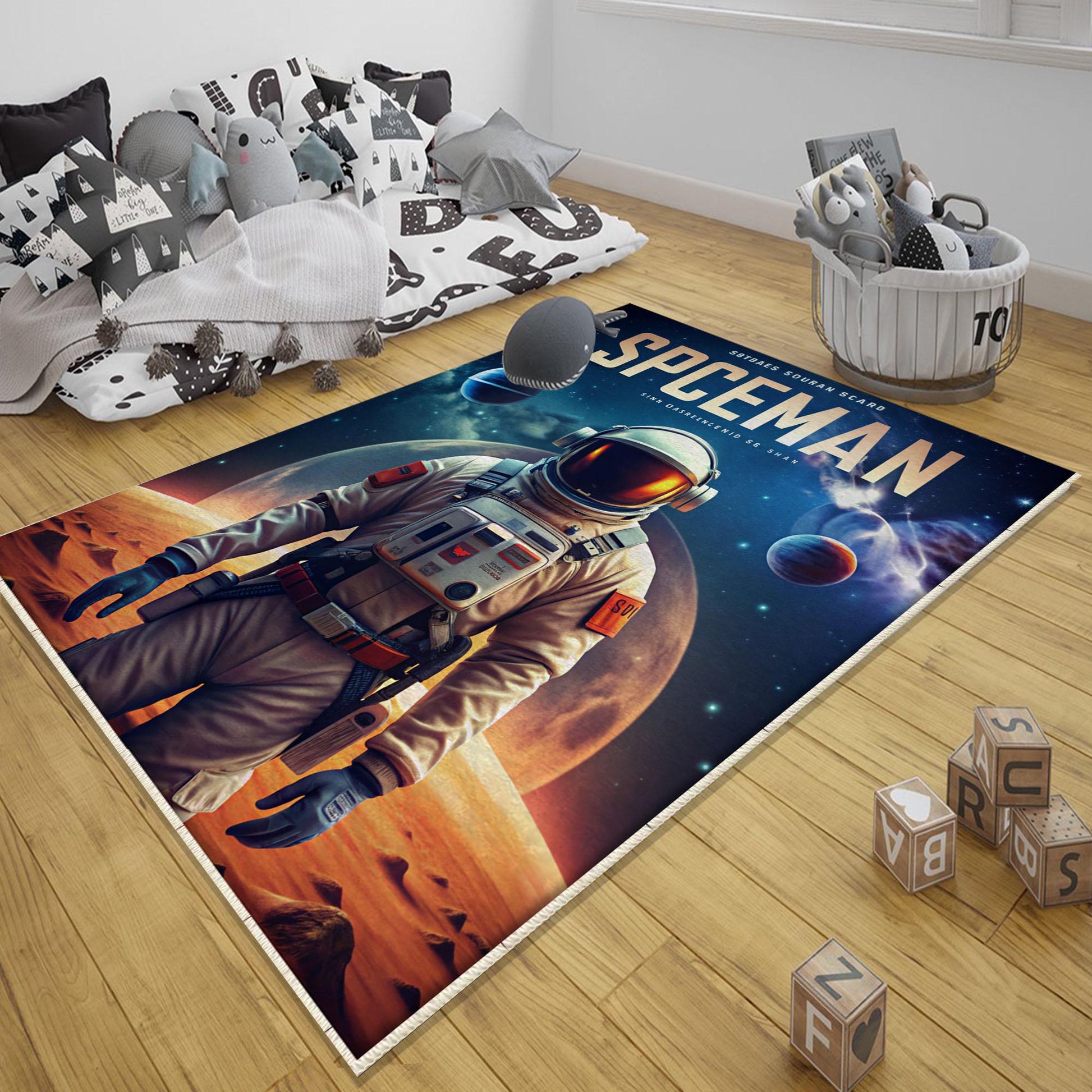 Round Space Man Themed Astronaut Kids Nursery Room Rug, Cute Rug Gift For Kids, Baby Room Gift, Kids Room Decor with pillow case gift