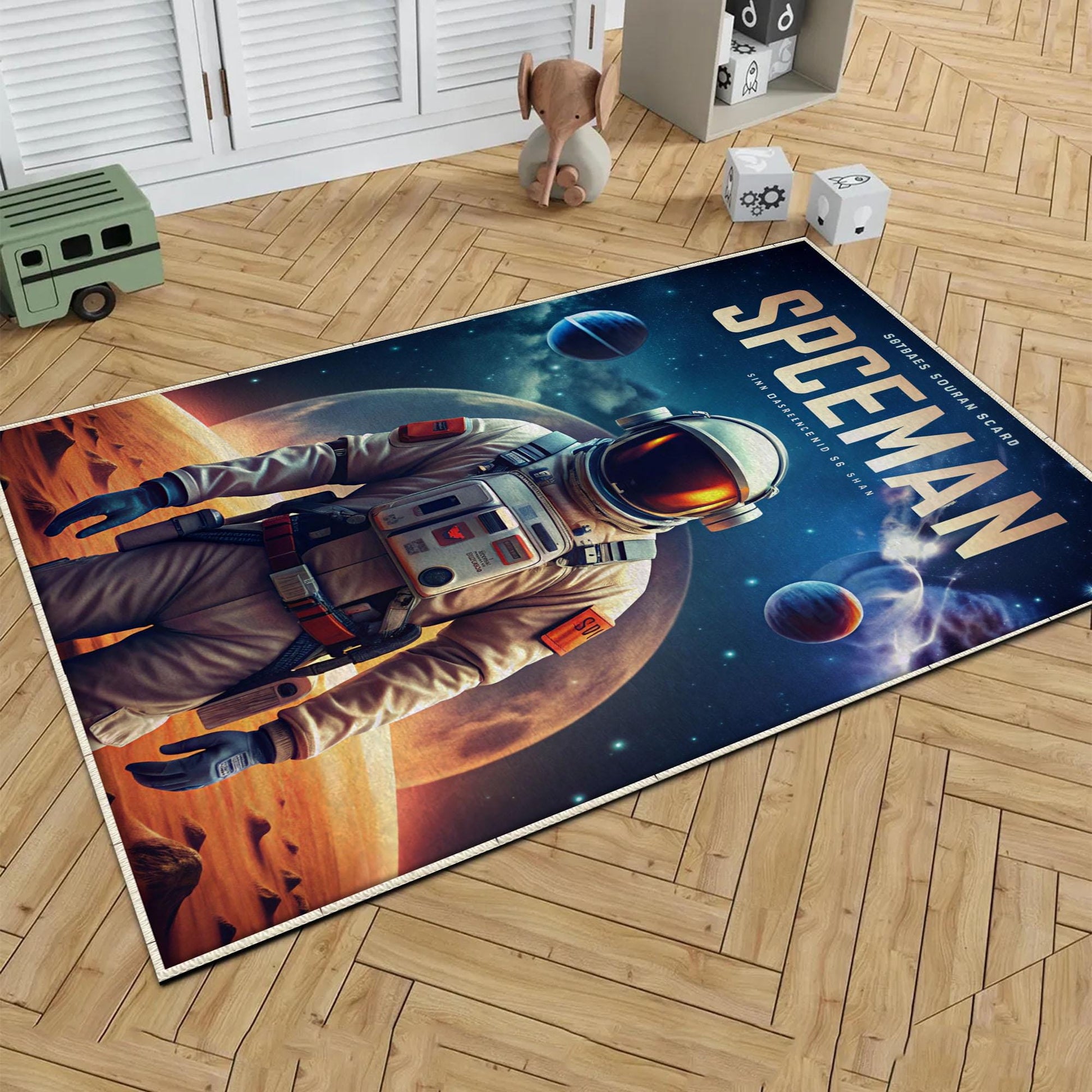 Round Space Man Themed Astronaut Kids Nursery Room Rug, Cute Rug Gift For Kids, Baby Room Gift, Kids Room Decor with pillow case gift