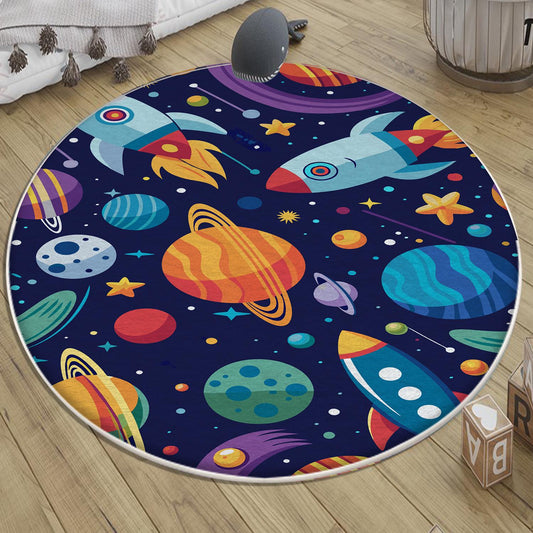 Round Space Planets Kids Nursery Room Rug, Cute Washable Non-Slip Rug Gift For Kids, Baby Room Gift, Kids Room Decor with pillow case gift