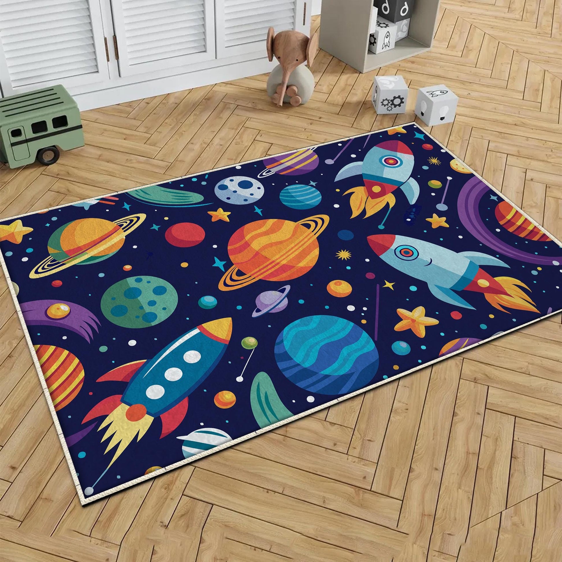 Round Space Planets Kids Nursery Room Rug, Cute Washable Non-Slip Rug Gift For Kids, Baby Room Gift, Kids Room Decor with pillow case gift