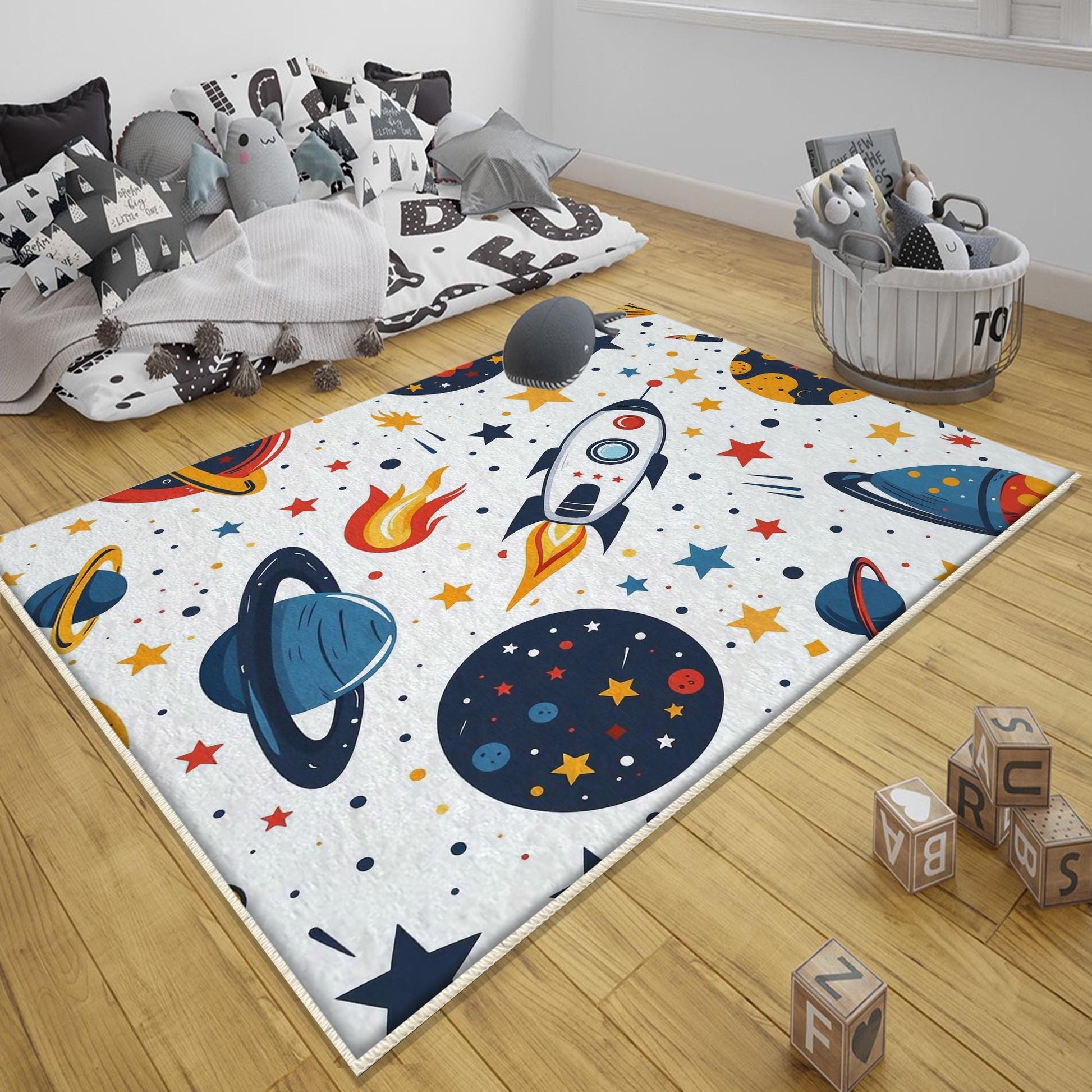 Round Galaxy Space Planets Kids Nursery Room Rug, Washable Non-Slip Rug Gift For Kids, Baby Room Gift, Kids Room Decor with pillow case gift