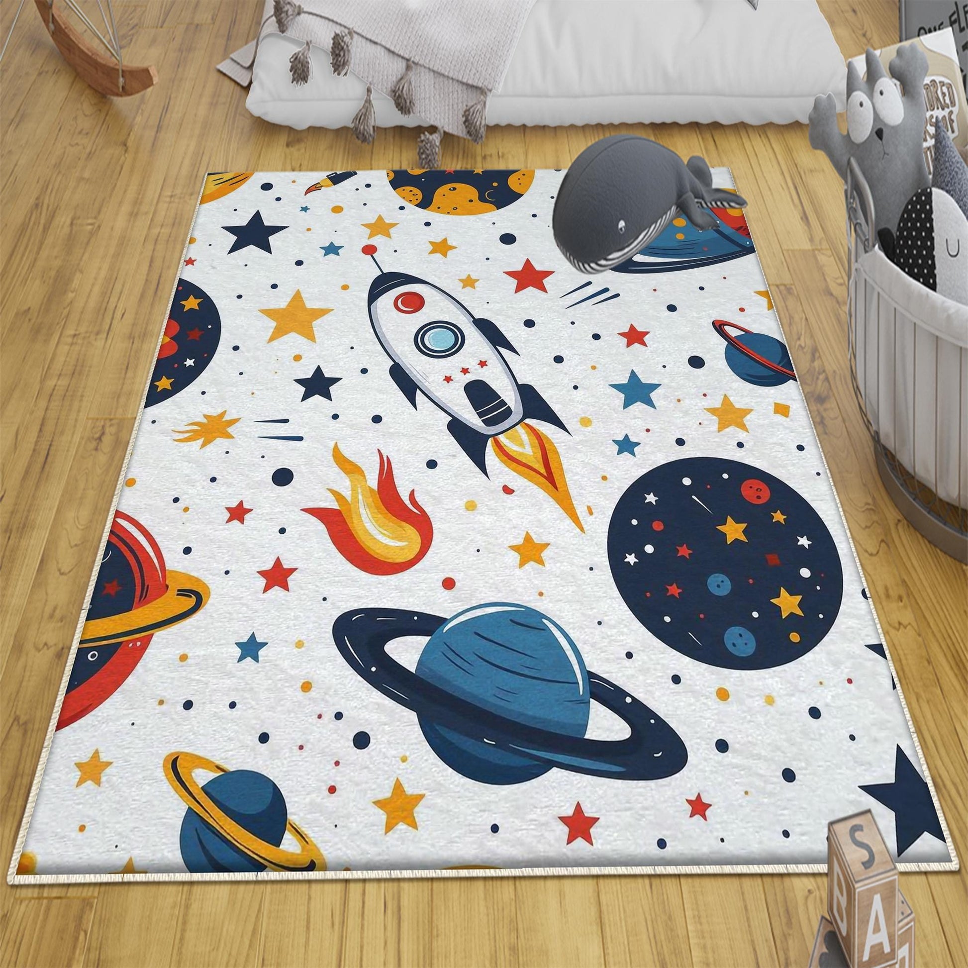 Round Galaxy Space Planets Kids Nursery Room Rug, Washable Non-Slip Rug Gift For Kids, Baby Room Gift, Kids Room Decor with pillow case gift