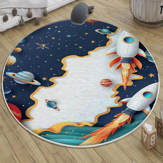 Round Galaxy Space Planets Kids Nursery Room Rug, Washable Non-Slip Rug Gift For Kids, Baby Room Gift, Kids Room Decor with pillow case gift