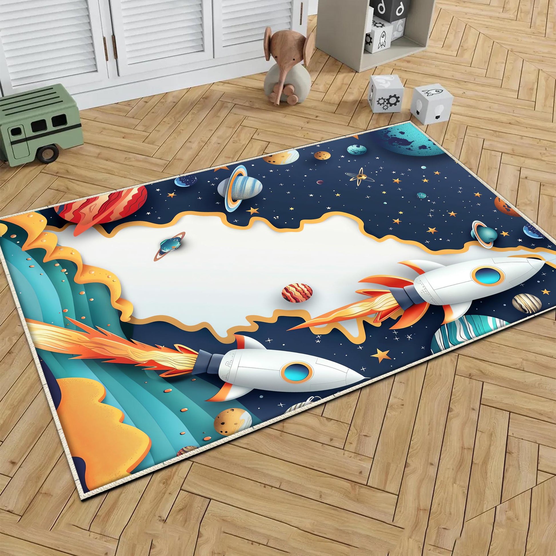 Round Galaxy Space Planets Kids Nursery Room Rug, Washable Non-Slip Rug Gift For Kids, Baby Room Gift, Kids Room Decor with pillow case gift