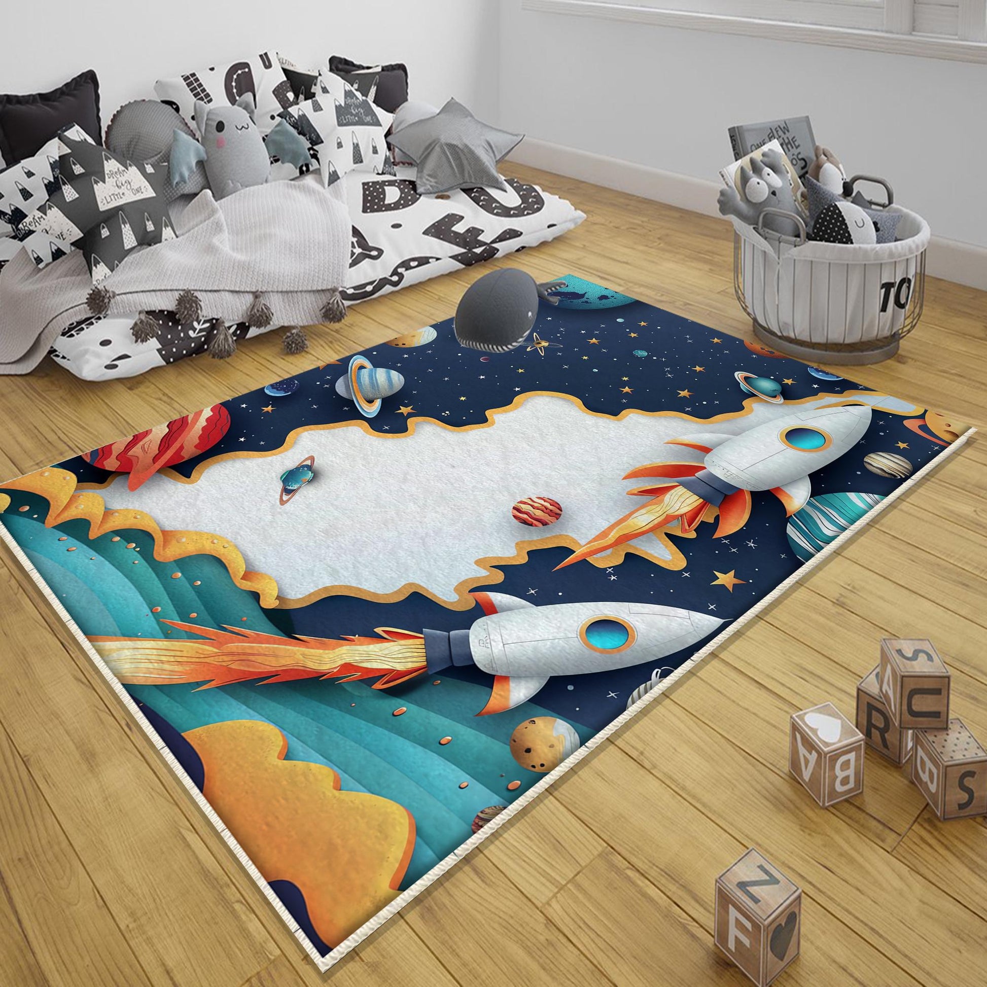 Round Galaxy Space Planets Kids Nursery Room Rug, Washable Non-Slip Rug Gift For Kids, Baby Room Gift, Kids Room Decor with pillow case gift