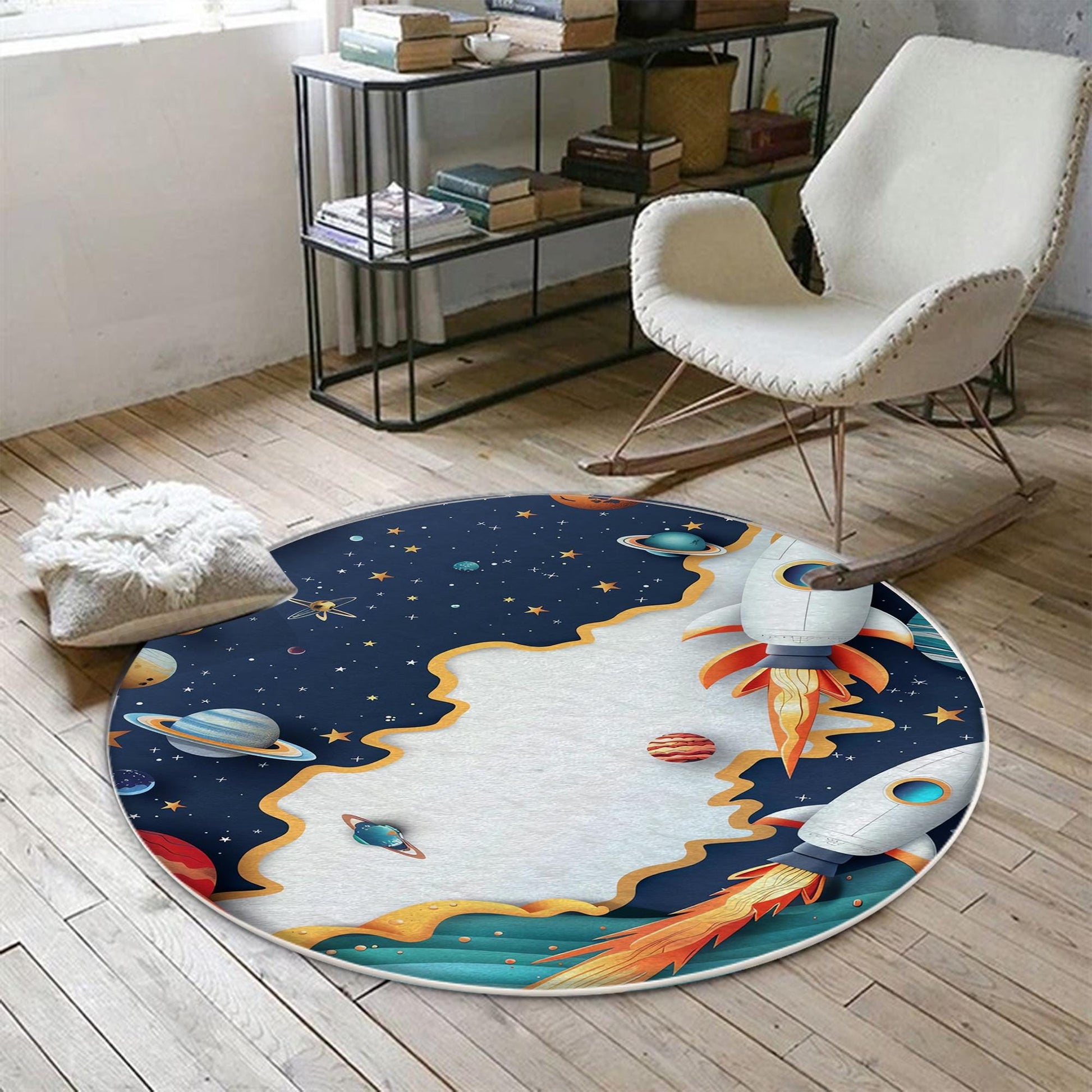 Round Galaxy Space Planets Kids Nursery Room Rug, Washable Non-Slip Rug Gift For Kids, Baby Room Gift, Kids Room Decor with pillow case gift