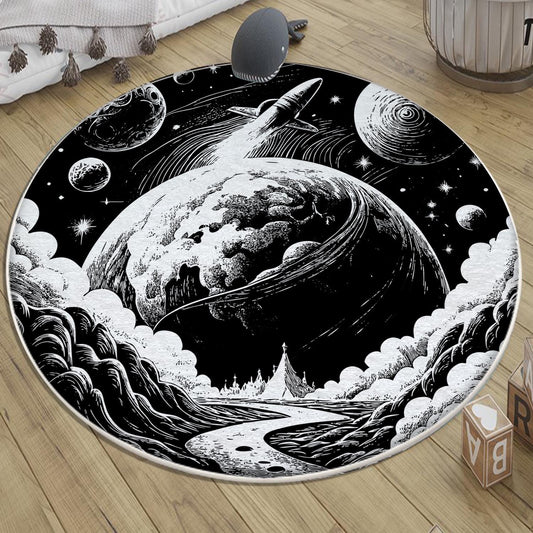 Round Black White Space Planets Moon Kids Nursery Room Rug, Washable Non-Slip Rug Gift For Kids, Baby Kids Room Decor with pillow case gift