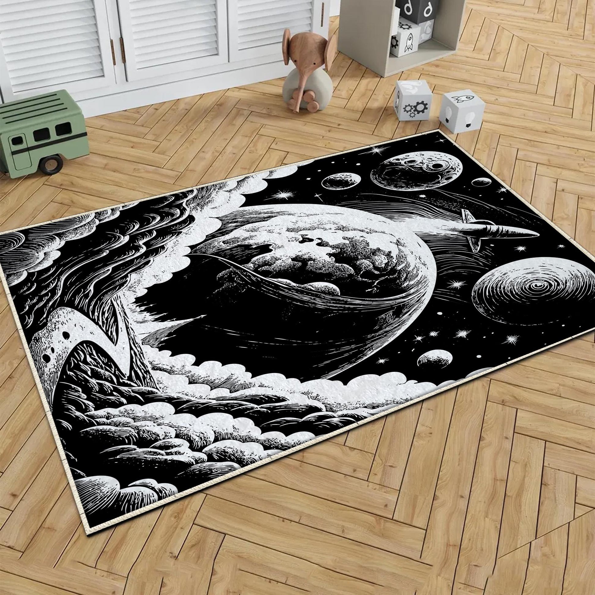 Round Black White Space Planets Moon Kids Nursery Room Rug, Washable Non-Slip Rug Gift For Kids, Baby Kids Room Decor with pillow case gift
