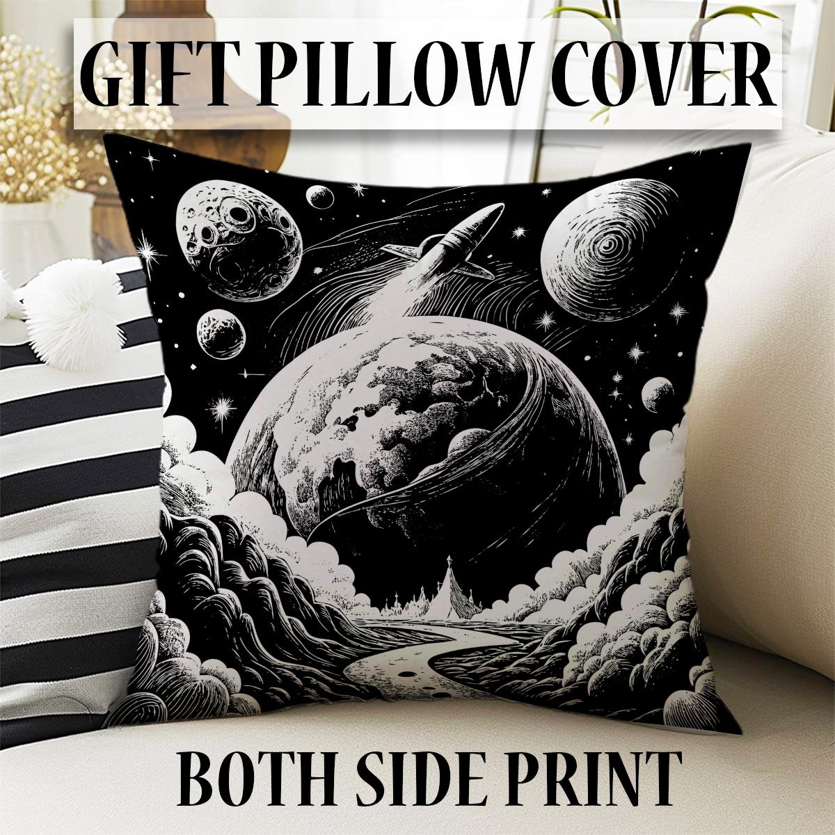 Round Black White Space Planets Moon Kids Nursery Room Rug, Washable Non-Slip Rug Gift For Kids, Baby Kids Room Decor with pillow case gift