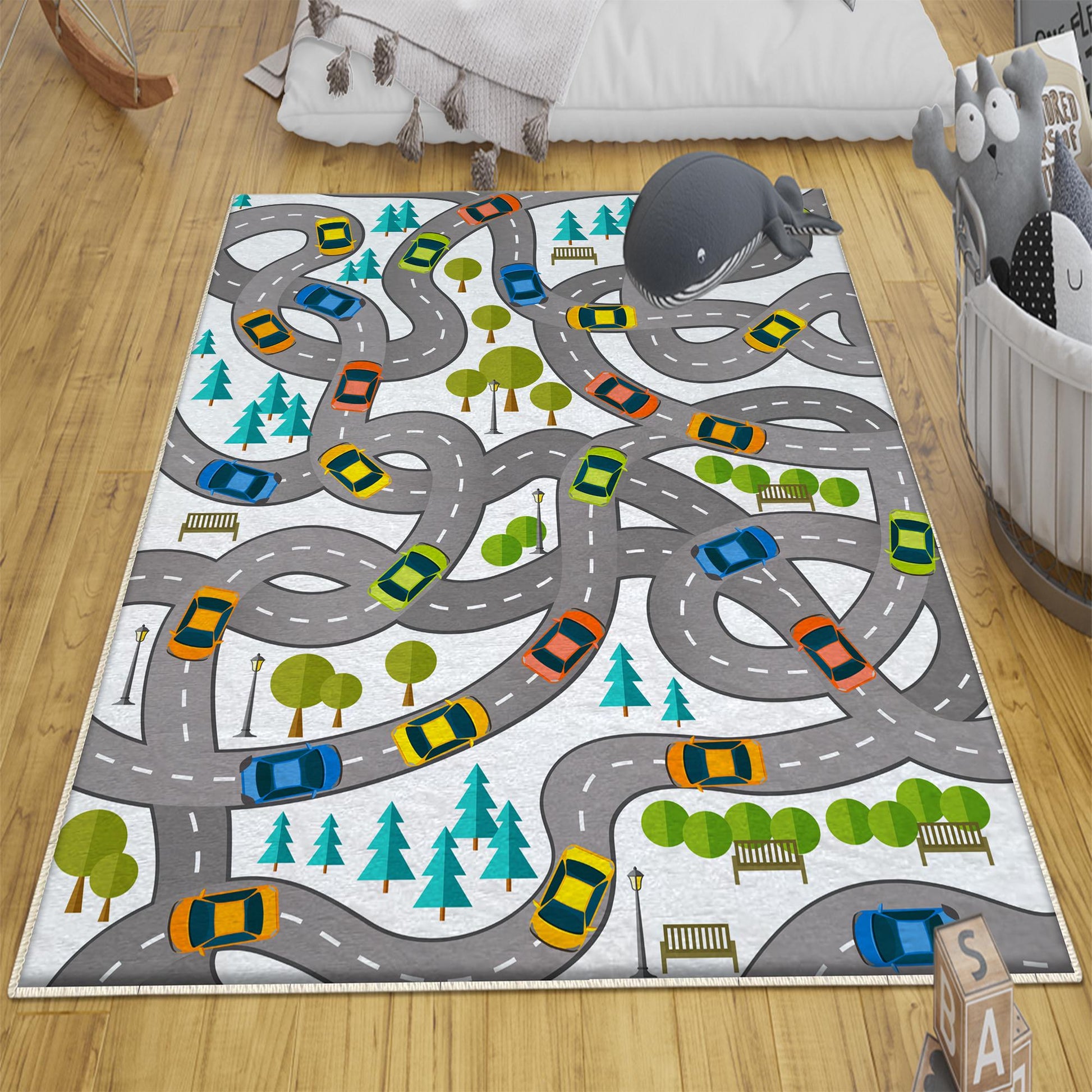 Round City Road Kids Play Mat|Car Road Nursery Rug|Traffic Activity Rug|Anti-Slip Toddler Rug|Washable Playroom Carpet with pillow case gift