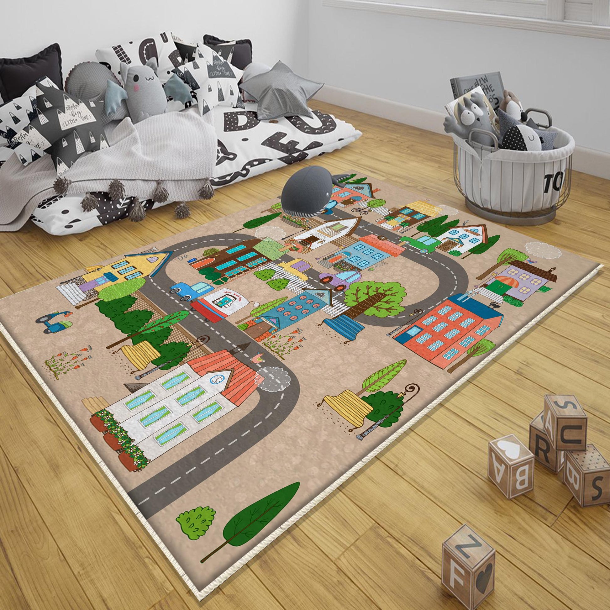 Round City Road Kids Play Mat|Car Road Nursery Rug|Traffic Activity Rug|Anti-Slip Toddler Rug|Washable Playroom Carpet with pillow case gift