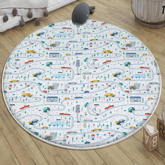Round City Road Kids Play Mat|Car Road Nursery Rug|Traffic Activity Rug|Anti-Slip Toddler Rug|Washable Playroom Carpet with pillow case gift