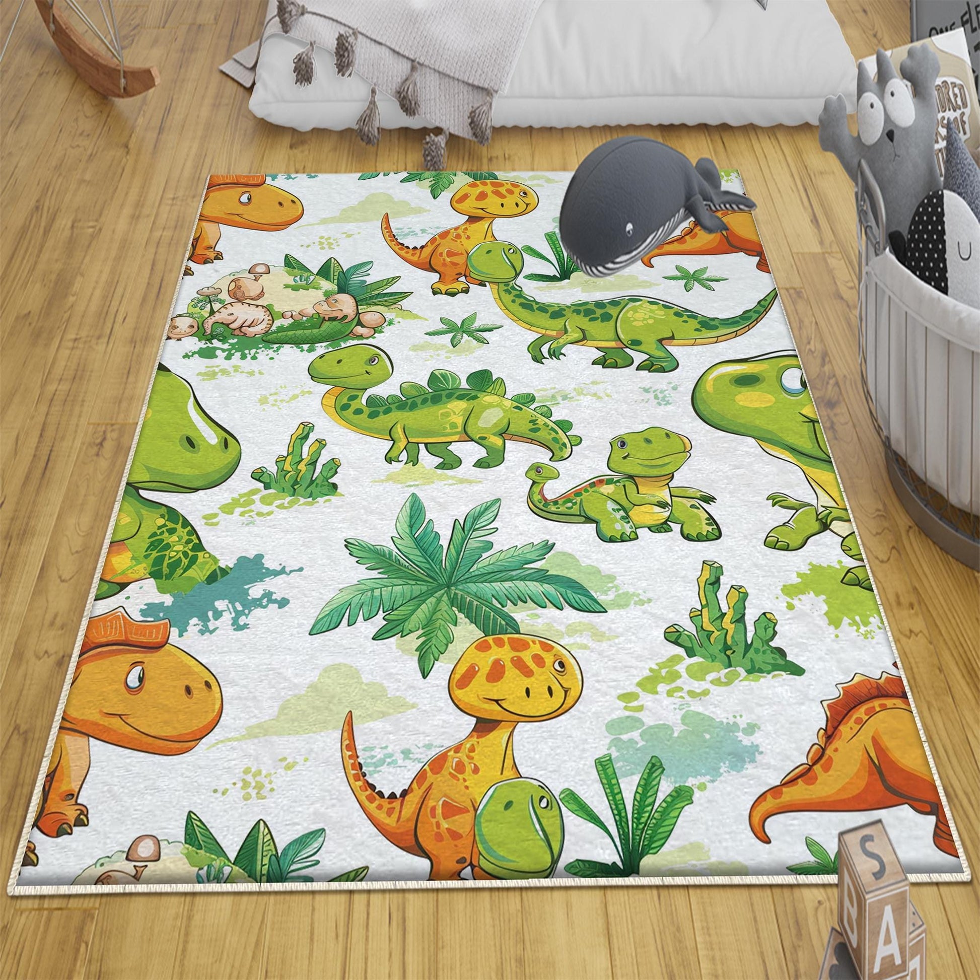 Round Dinosaurs Themed Nursery Room Rug, Washable Non-Slip Jurassic Rug Gift For Kids, Baby Room Gift, Kids Room Decor with pillow case gift