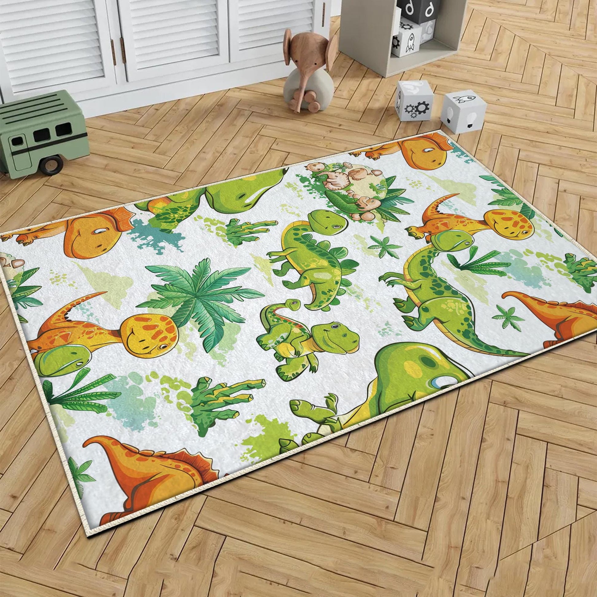 Round Dinosaurs Themed Nursery Room Rug, Washable Non-Slip Jurassic Rug Gift For Kids, Baby Room Gift, Kids Room Decor with pillow case gift