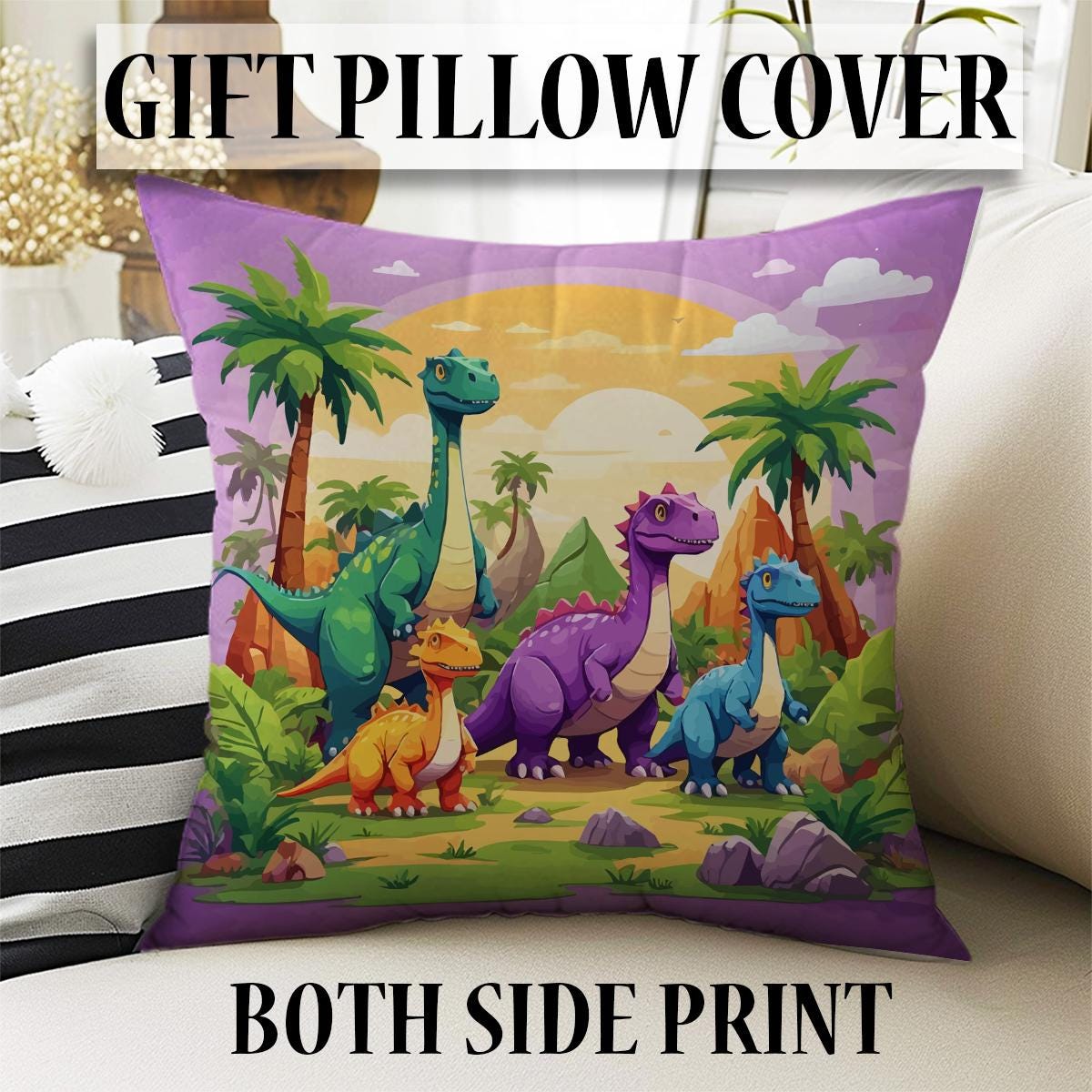 Round Dinosaurs Themed Nursery Room Rug, Washable Non-Slip Jurassic Rug Gift For Kids, Baby Room Gift, Kids Room Decor with pillow case gift