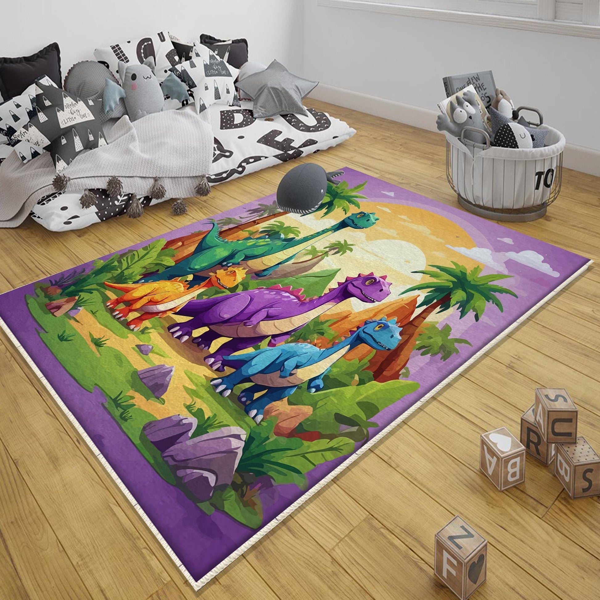 Round Dinosaurs Themed Nursery Room Rug, Washable Non-Slip Jurassic Rug Gift For Kids, Baby Room Gift, Kids Room Decor with pillow case gift