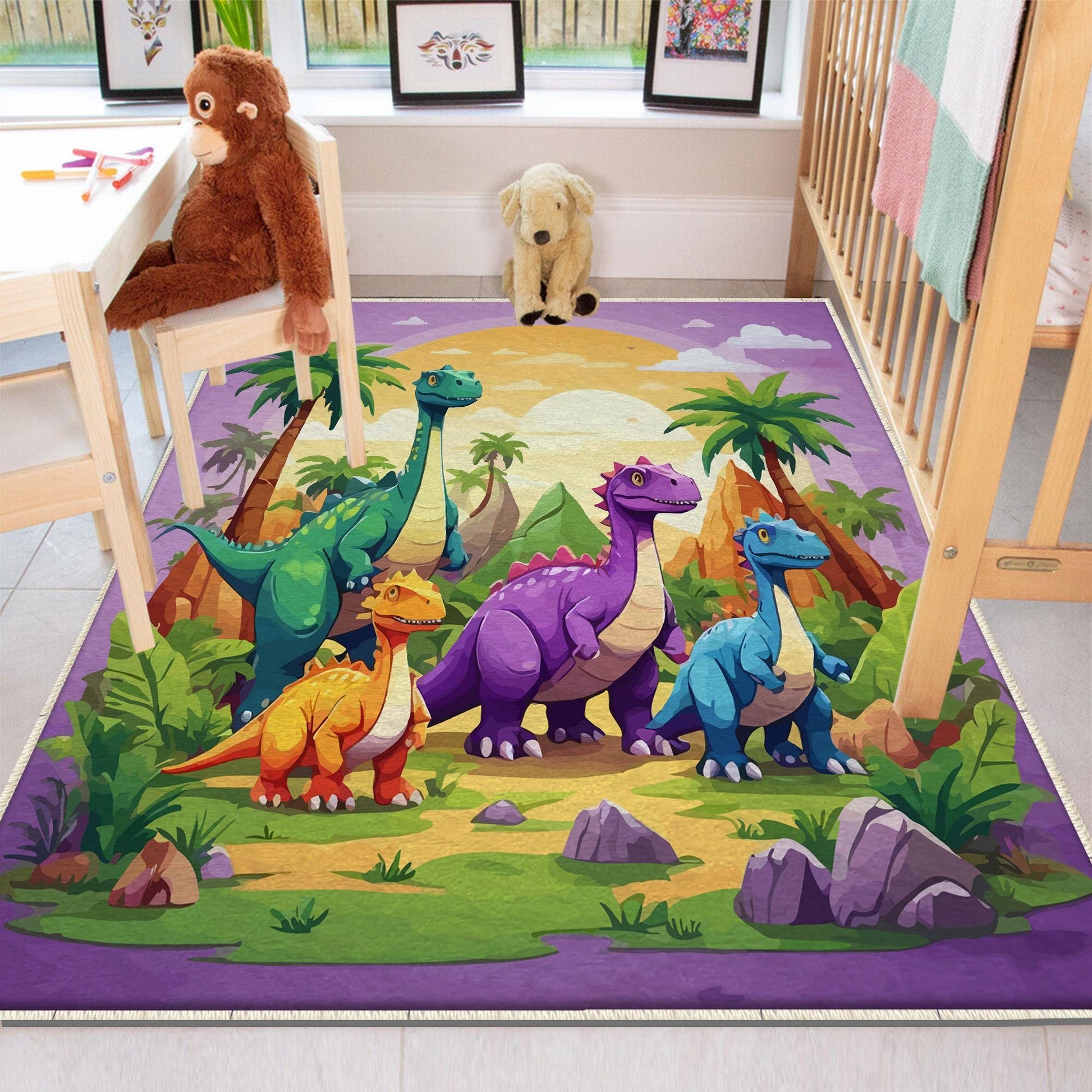 Round Dinosaurs Themed Nursery Room Rug, Washable Non-Slip Jurassic Rug Gift For Kids, Baby Room Gift, Kids Room Decor with pillow case gift