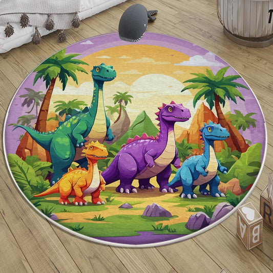 Round Dinosaurs Themed Nursery Room Rug, Washable Non-Slip Jurassic Rug Gift For Kids, Baby Room Gift, Kids Room Decor with pillow case gift