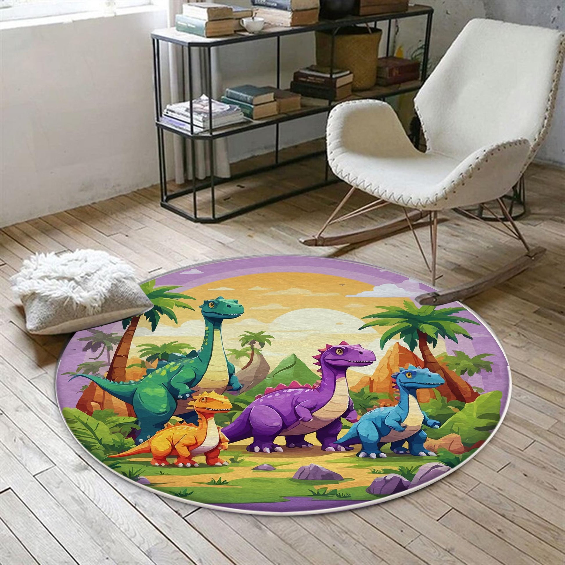 Round Dinosaurs Themed Nursery Room Rug, Washable Non-Slip Jurassic Rug Gift For Kids, Baby Room Gift, Kids Room Decor with pillow case gift