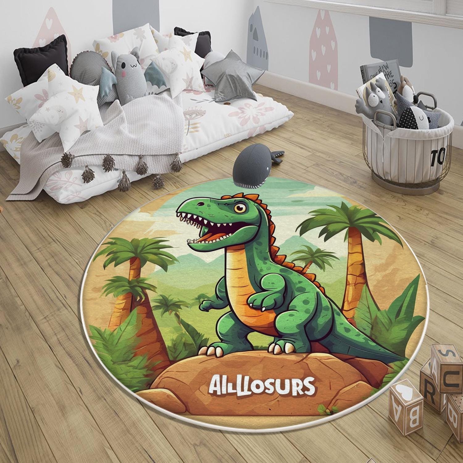 Round Dinosaurs Themed Nursery Room Rug, Washable Non-Slip Jurassic Rug Gift For Kids, Baby Room Gift, Kids Room Decor with pillow case gift