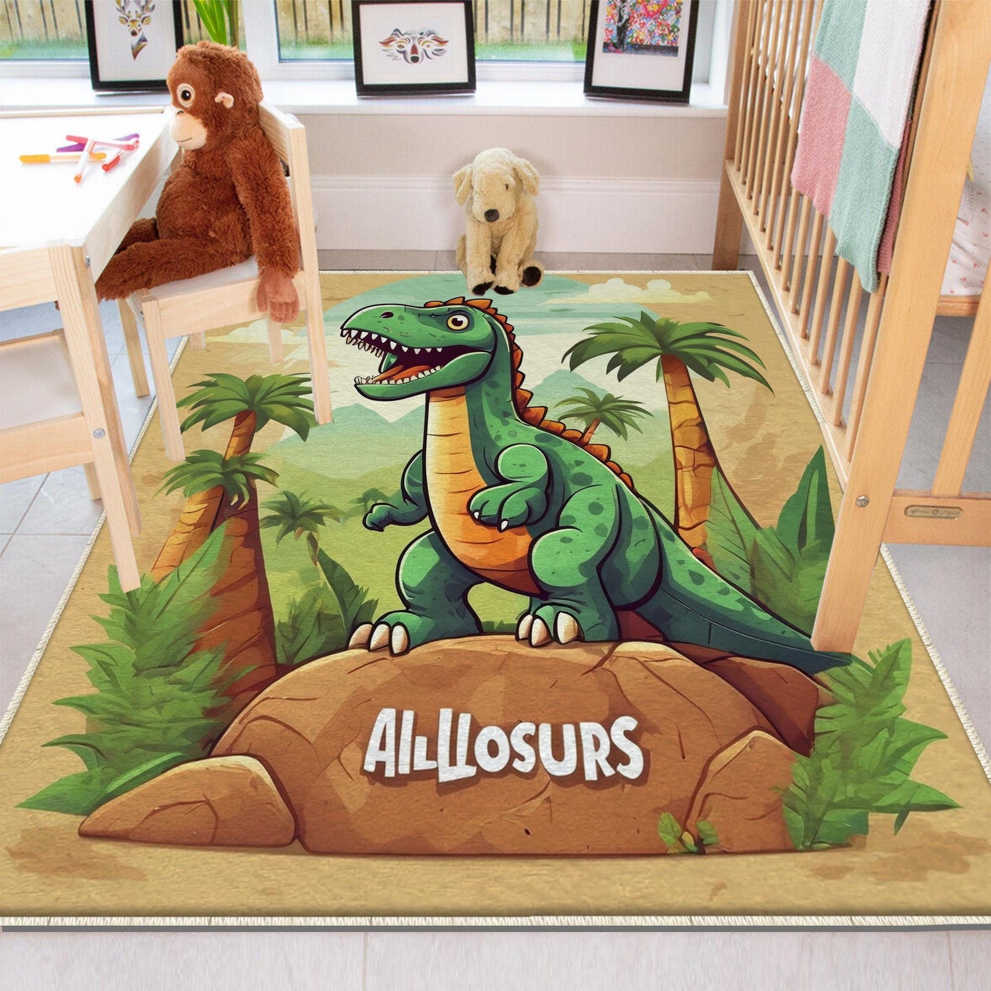 Round Dinosaurs Themed Nursery Room Rug, Washable Non-Slip Jurassic Rug Gift For Kids, Baby Room Gift, Kids Room Decor with pillow case gift