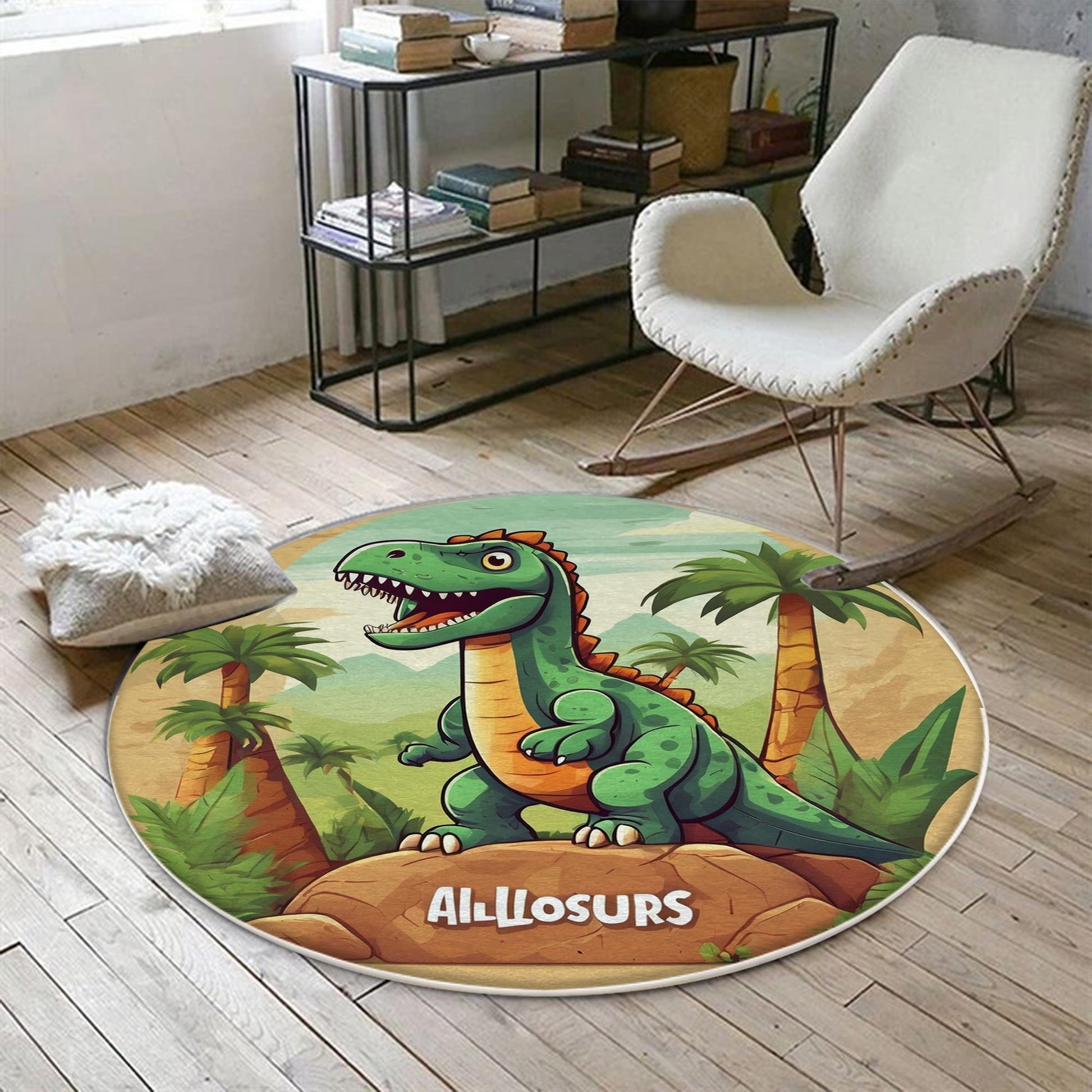 Round Dinosaurs Themed Nursery Room Rug, Washable Non-Slip Jurassic Rug Gift For Kids, Baby Room Gift, Kids Room Decor with pillow case gift
