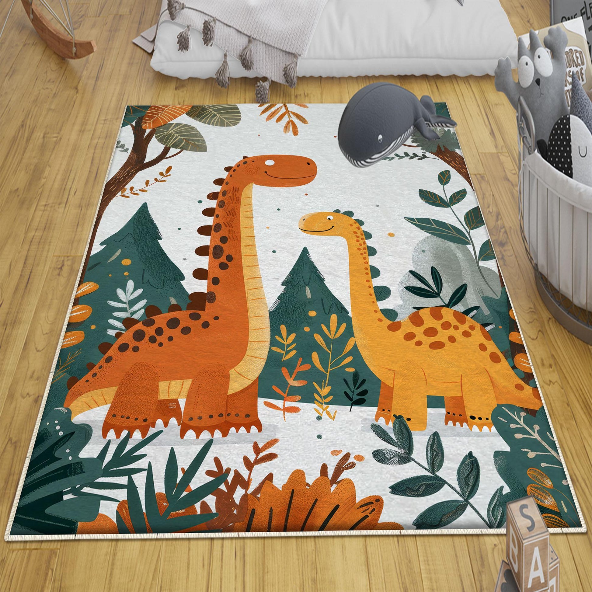 Round Dinosaurs Themed Nursery Room Rug, Washable Non-Slip Jurassic Rug Gift For Kids, Baby Room Gift, Kids Room Decor with pillow case gift