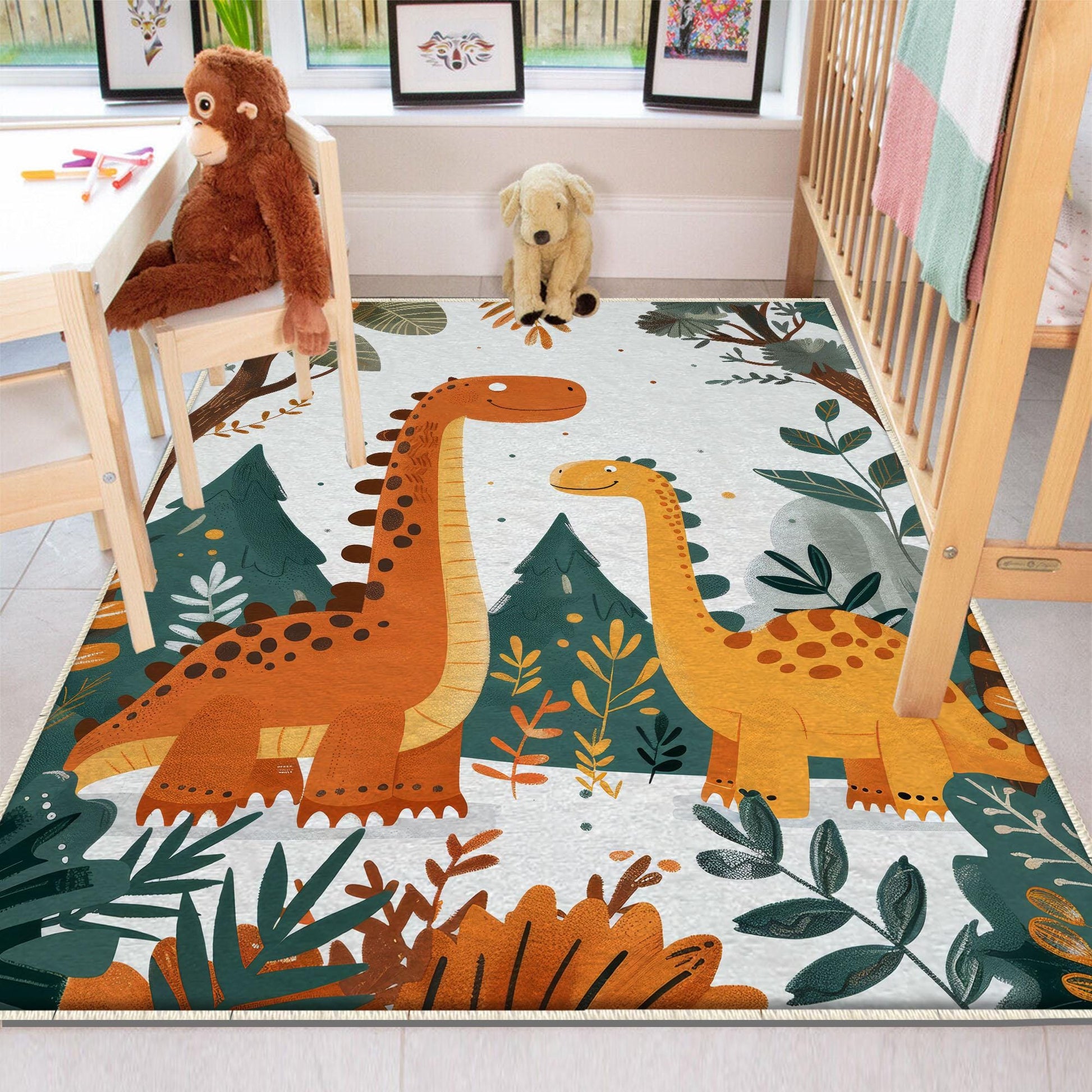 Round Dinosaurs Themed Nursery Room Rug, Washable Non-Slip Jurassic Rug Gift For Kids, Baby Room Gift, Kids Room Decor with pillow case gift