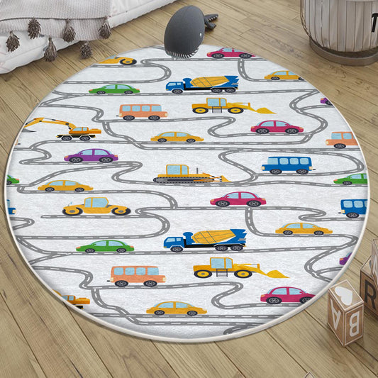 Round Road Construction Vehicles Kids Room Rug-Crane Bulldozer Excavator Mat-Heavy Equipment Playmat-Nursery Carpet with pillow case gift