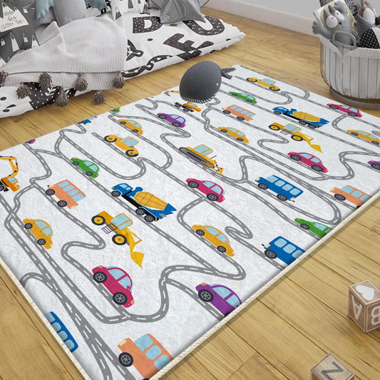 Road Construction Vehicles Kids Rug with Crane Bulldozer Excavator Playmat & Pillowcase - Heavy Equipment Nursery Carpet for Boys Room