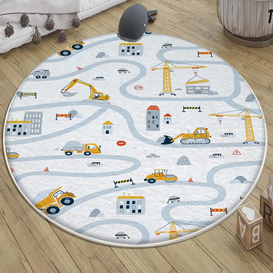 Round Road Construction Vehicles Kids Room Rug-Crane Bulldozer Excavator Mat-Heavy Equipment Playmat-Nursery Carpet with pillow case gift