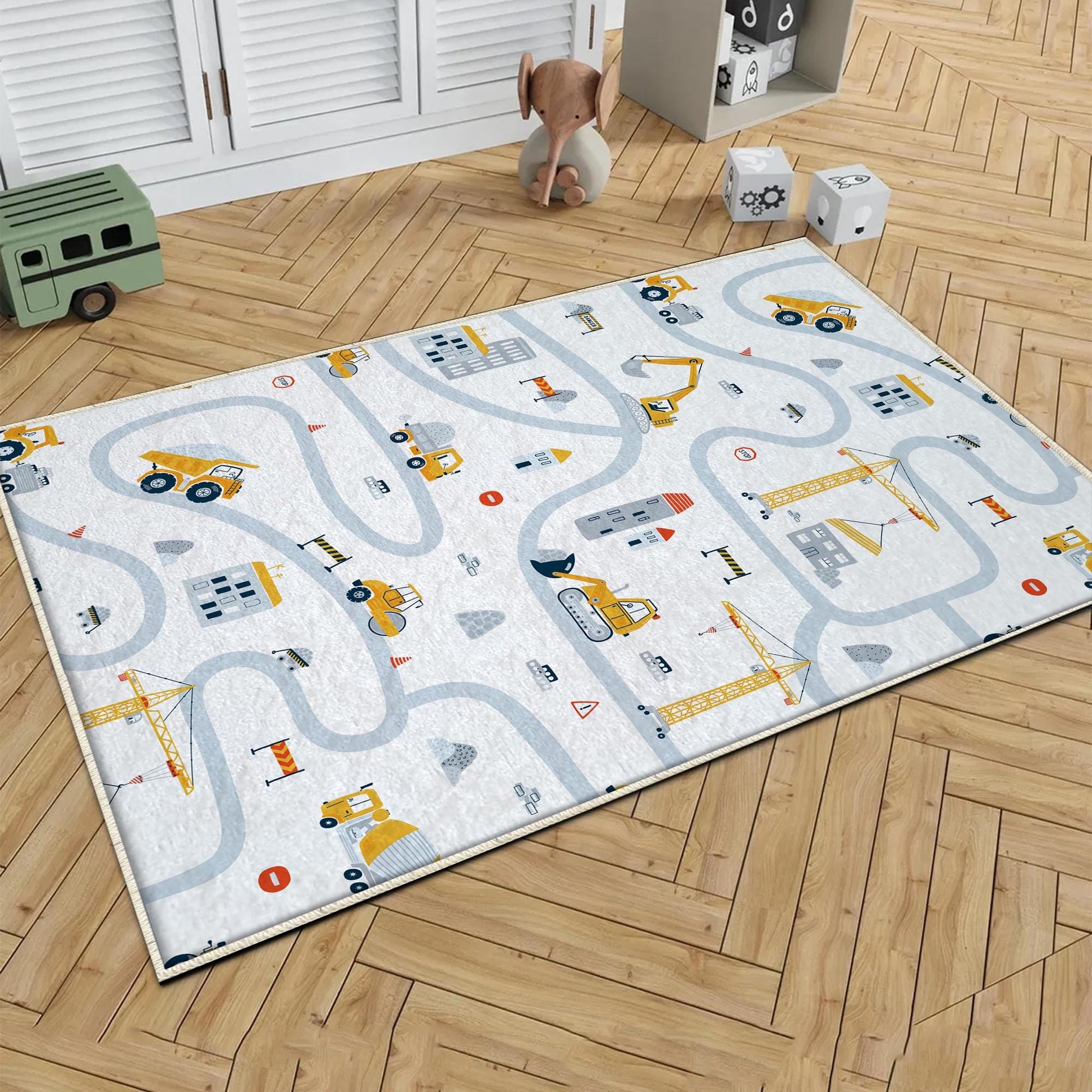 Round Road Construction Vehicles Kids Room Rug-Crane Bulldozer Excavator Mat-Heavy Equipment Playmat-Nursery Carpet with pillow case gift