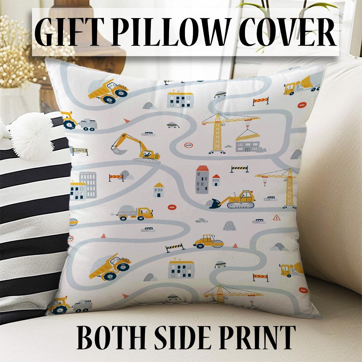 Round Road Construction Vehicles Kids Room Rug-Crane Bulldozer Excavator Mat-Heavy Equipment Playmat-Nursery Carpet with pillow case gift