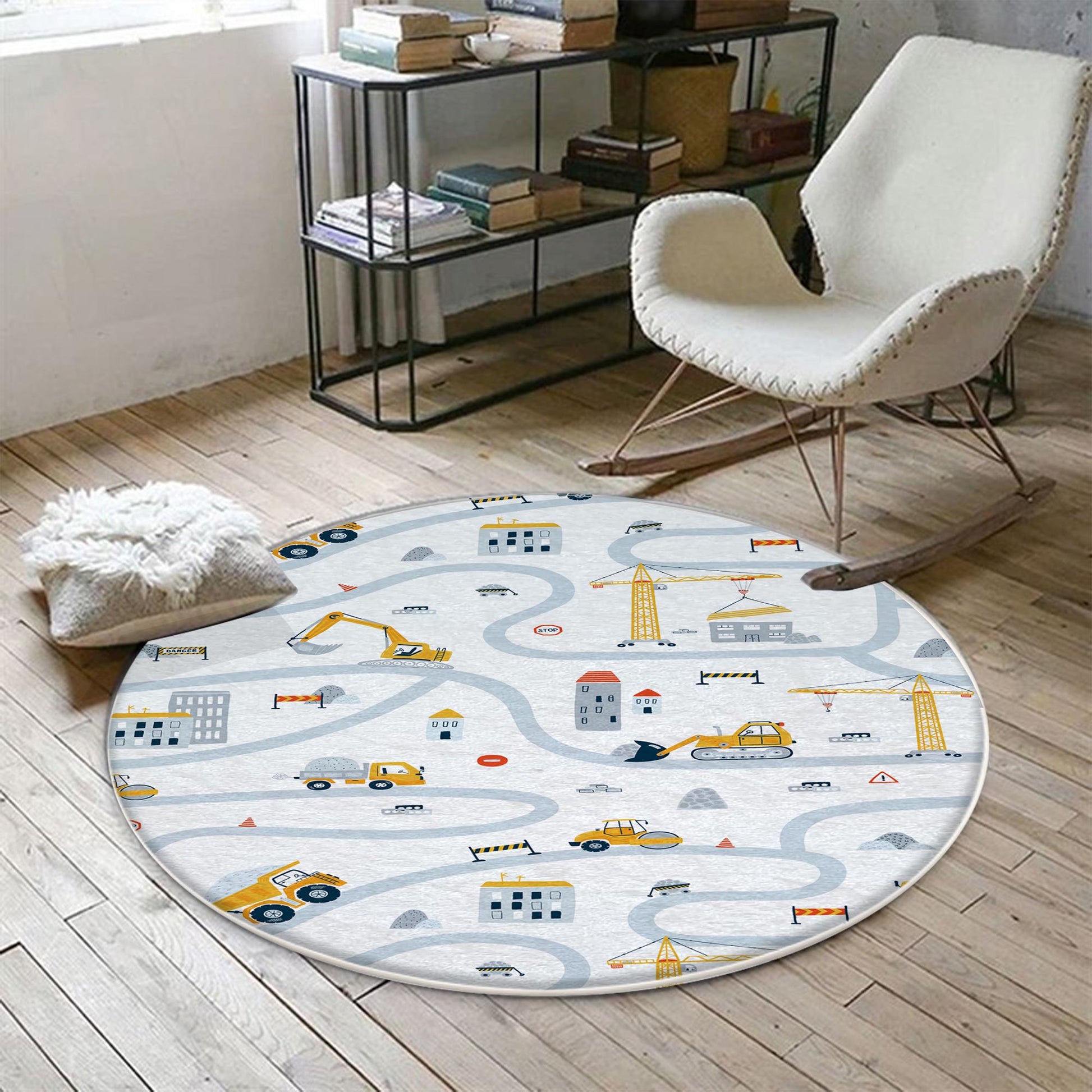 Round Road Construction Vehicles Kids Room Rug-Crane Bulldozer Excavator Mat-Heavy Equipment Playmat-Nursery Carpet with pillow case gift