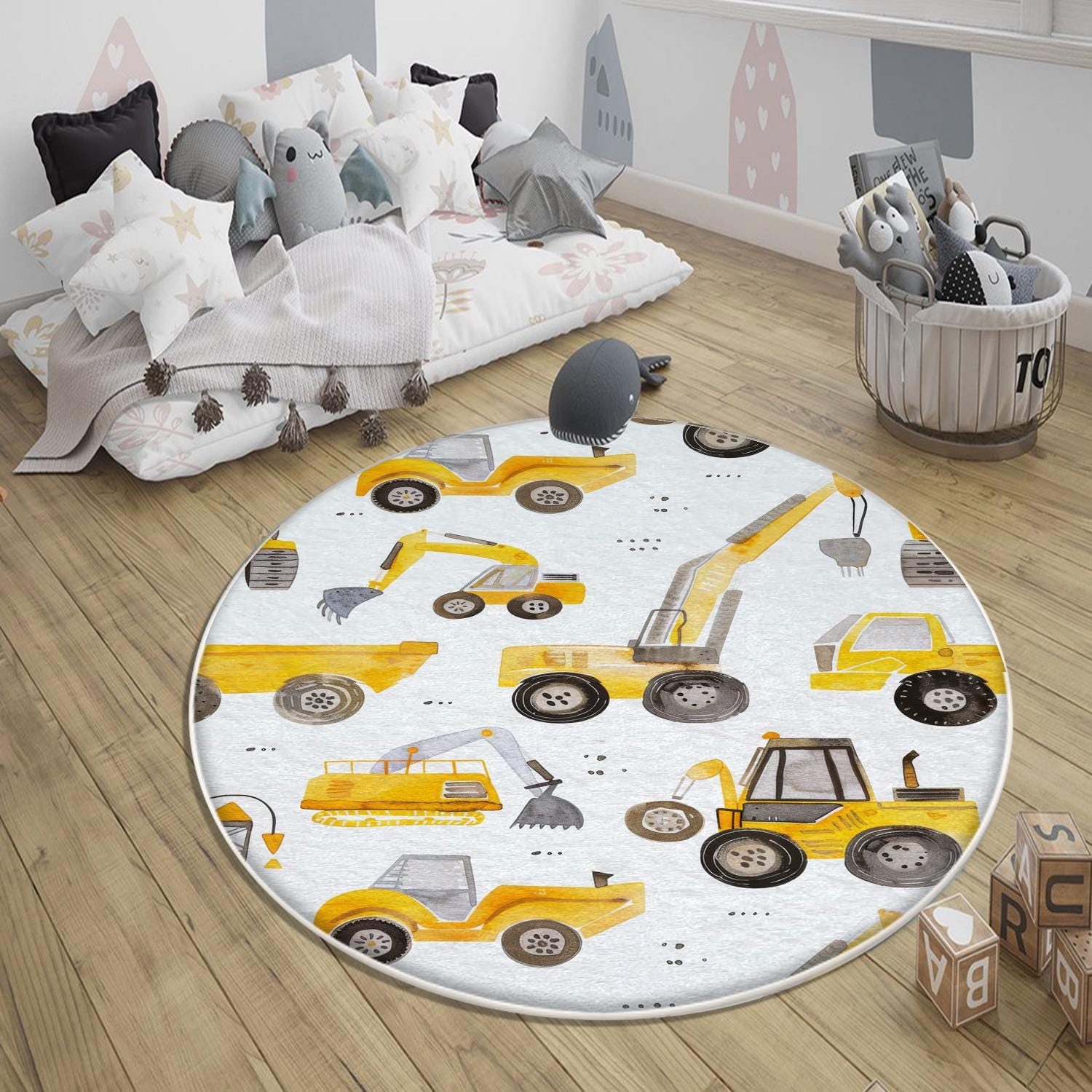 Round Road Construction Vehicles Kids Room Rug-Crane Bulldozer Excavator Mat-Heavy Equipment Playmat-Nursery Carpet with pillow case gift