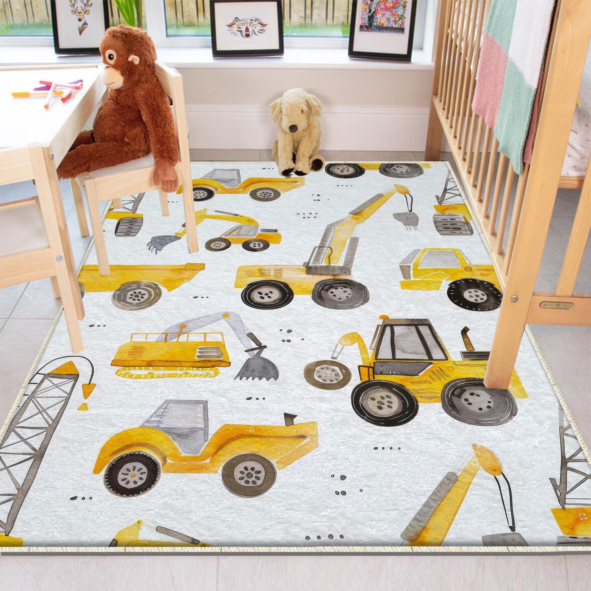 Round Road Construction Vehicles Kids Room Rug-Crane Bulldozer Excavator Mat-Heavy Equipment Playmat-Nursery Carpet with pillow case gift
