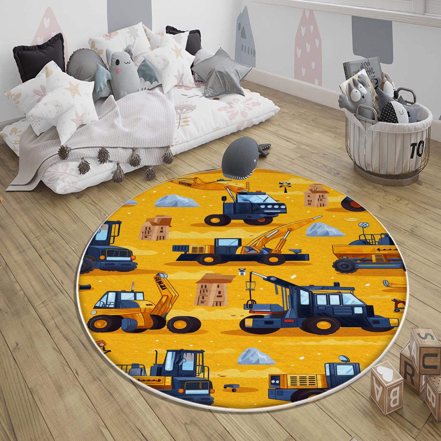 Round Road Construction Vehicles Kids Room Rug-Crane Bulldozer Excavator Mat-Heavy Equipment Playmat-Nursery Carpet with pillow case gift