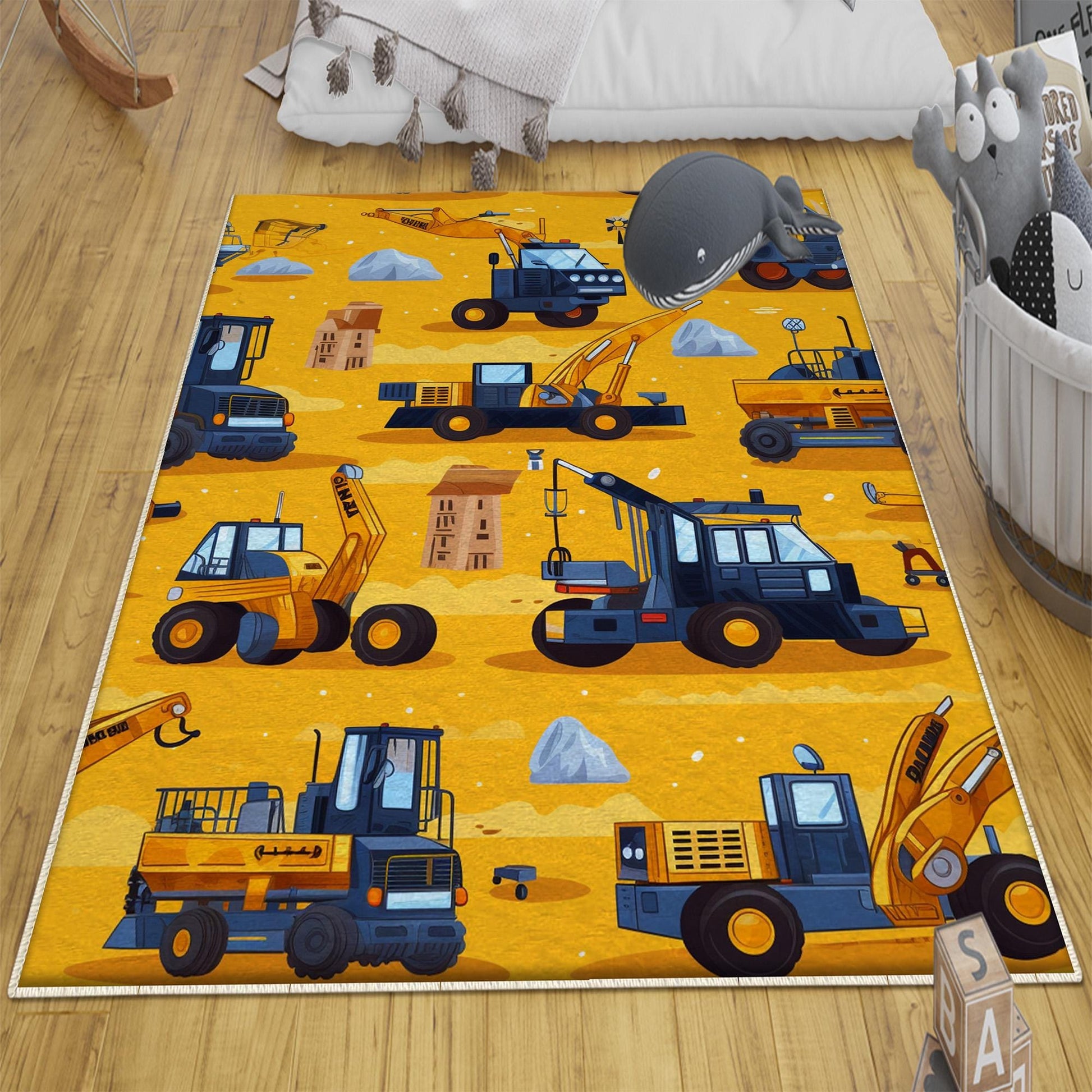 Round Road Construction Vehicles Kids Room Rug-Crane Bulldozer Excavator Mat-Heavy Equipment Playmat-Nursery Carpet with pillow case gift